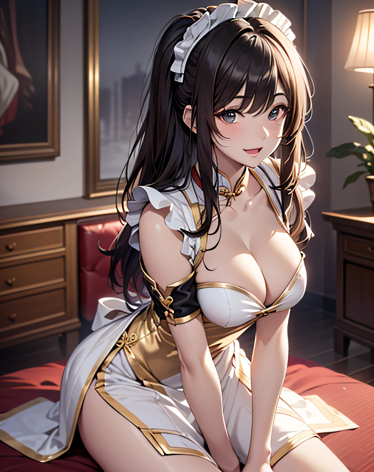 photo realistic, anime style, (8k, RAW photo, best quality, masterpiece:1.2), High detail RAW color photo, professional photograph, cowboy shot, (realistic, photo realistic:1.37),cinematic light, (finery detailed face:1.2), cowboy shot, thigh 1 girl, 18-28 years old, very cute, very beautiful, photo realistic, event companion, BREAK, white skin, real human skin, (detailed face), oval face, pores, ultra high res, BREAK, slim, (medium-large-breast:1.37, cleavage:1.37), (looking straight at viewer with a serene and goddess-like happiness:1.2), (lifter gloss, eyelashes, gloss-face, best quality, ultra highres, Broad lighting, natural shading), (beautiful thin long hair, pony-tail:1.3, brown hair),, BREAK, (maid style:1.3, maid clothes:1.3, Chinese traditional dress:1.3), BREAK, ((detailed golden gorgeous hotel bedroom:1.3, golden room:1.3, night room:1.5)), ((light smile, open mouth:1.5, humid, in heat, blush, seductive emotion, aroused)), ((from below:1.3, kneeling, hands between legs)), blurry background, bokeh, depth of field, cowboy shot:1.3, centered image,
