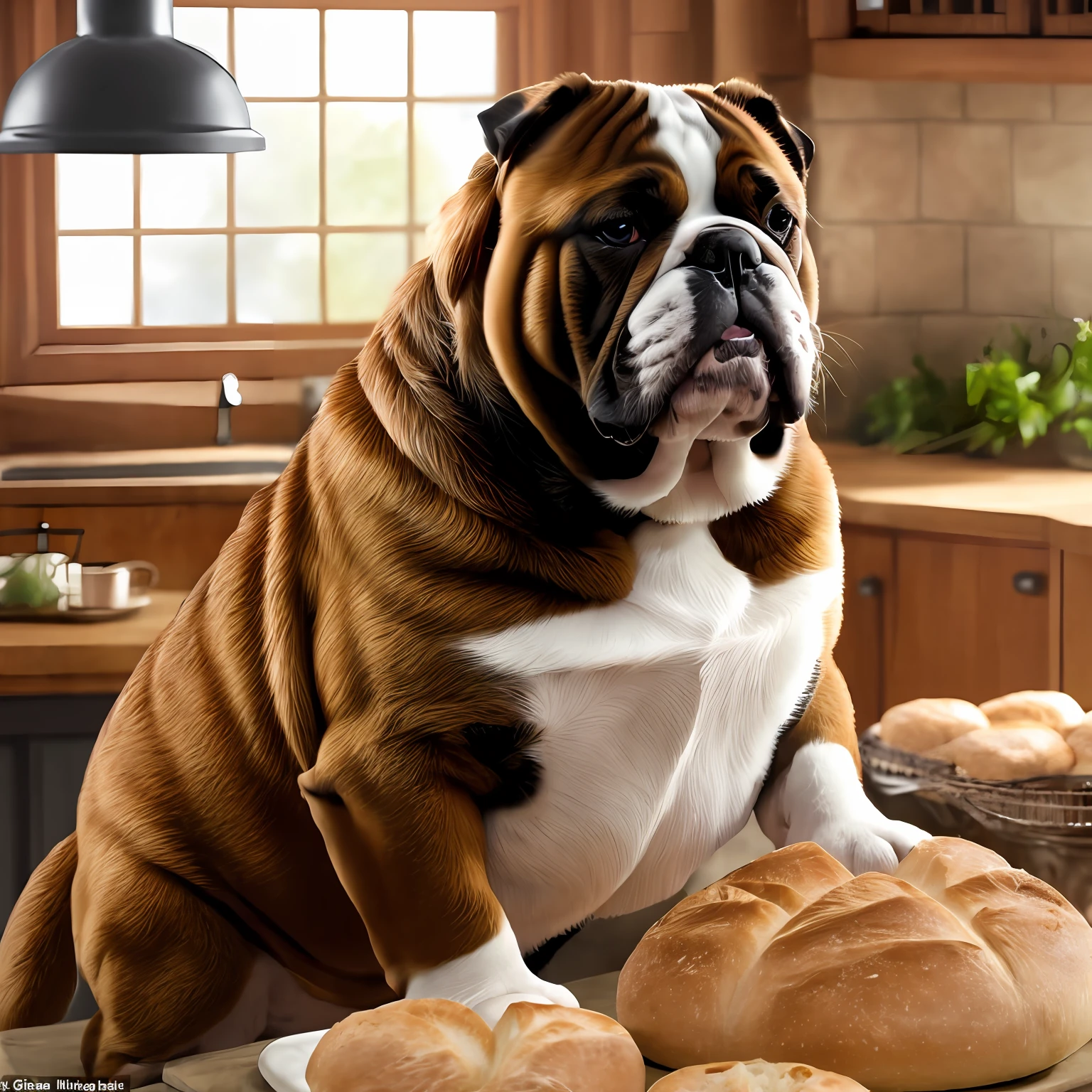 A fantasy cinematic drawing of an english bulldog in a kitchen, making bread while looking at the camera