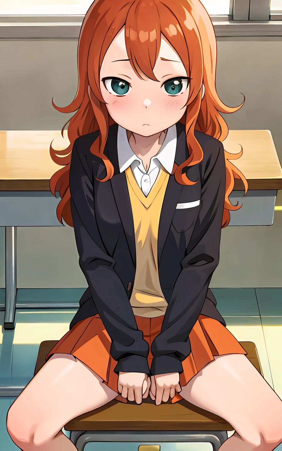 ****, school uniform , Orange hair, sitting , classroom ,thin legs,Open legs , showing pussy