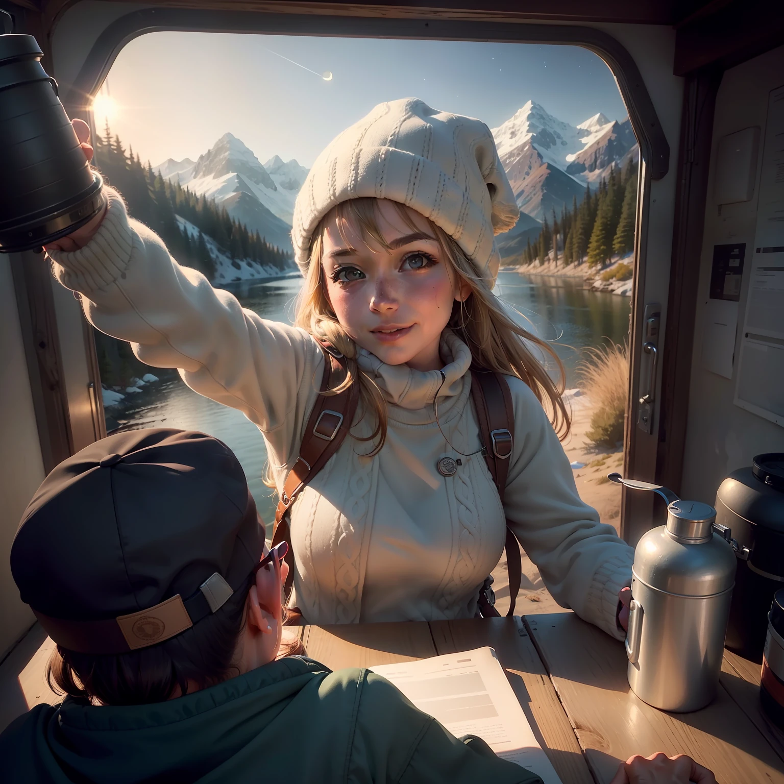 1 woman((upper body selfie, happy)), masterpiece, best quality, ultra-detailed, solo, outdoors, (night), mountains, nature, (stars, moon) cheerful, happy, backpack, sleeping bag, camping stove, water bottle, mountain boots, gloves, sweater, hat, flashlight, forest, rocks, river, wood, smoke, shadows, contrast, clear sky, analog style (look at viewer:1.2) (skin texture) (film grain:1.3), (warm hue, warm tone)
:1.2), close up, cinematic light, sidelighting, ultra high res, best shadow, RAW, upper body, old man, wearing pullover