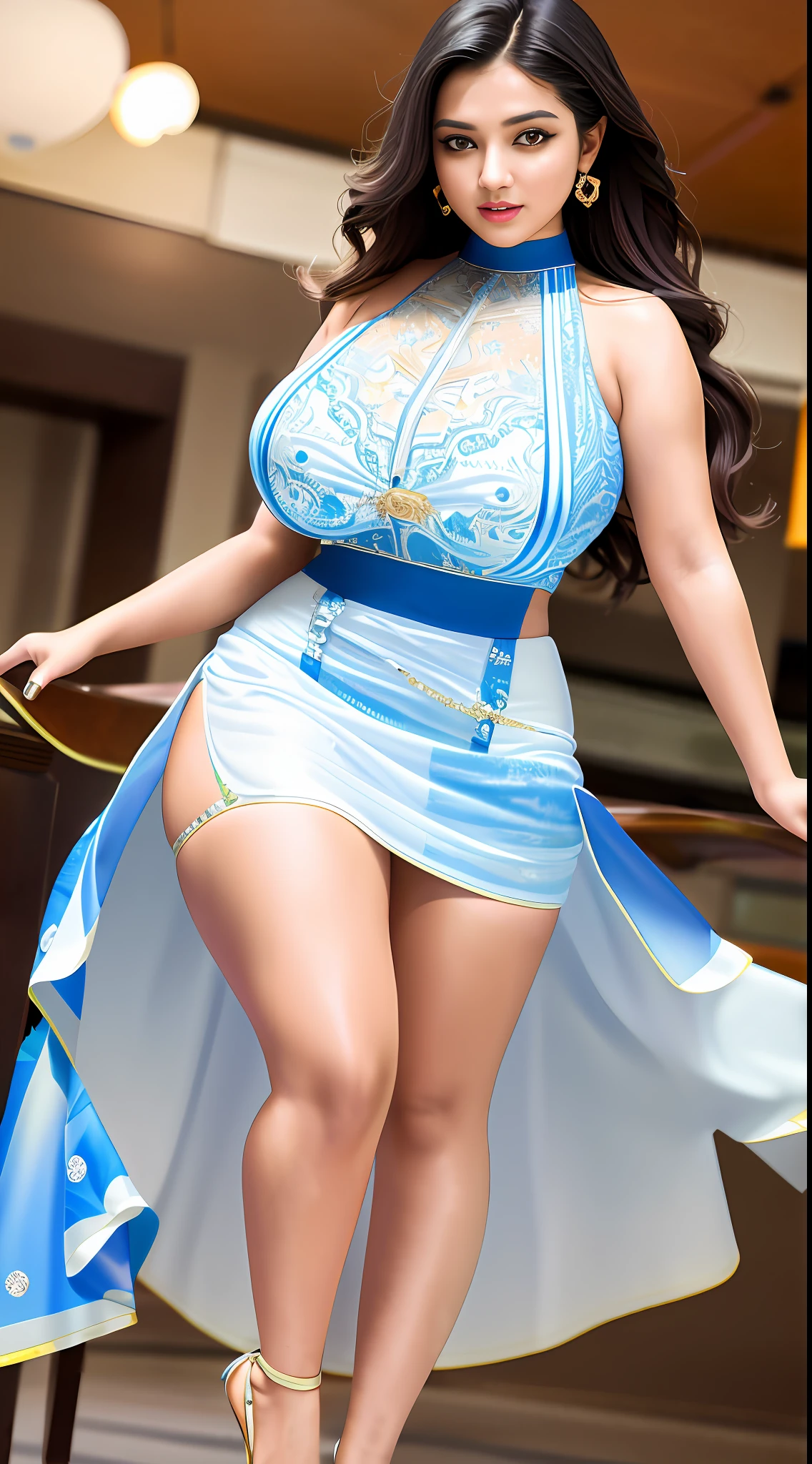 best quality, masterpiece, 1girl, 25 year old indian girl, big breasts, big hips, curvy, Beautiful face, (photo realistic:1.3), rim lighting, (high detailed skin:1.2), 8k uhd, dslr, high quality, high resolution, 4k, 8k, Bokeh, absurdres, best ratio four finger and one thumb, (realistic:1.3), cute 1girl, Wearing white and blue porcelain dress, tight translucent top, panty, printed skirt, highly detailed, hyper realistic, dynamic pose, beautiful feminine curves, beautiful body, modelling