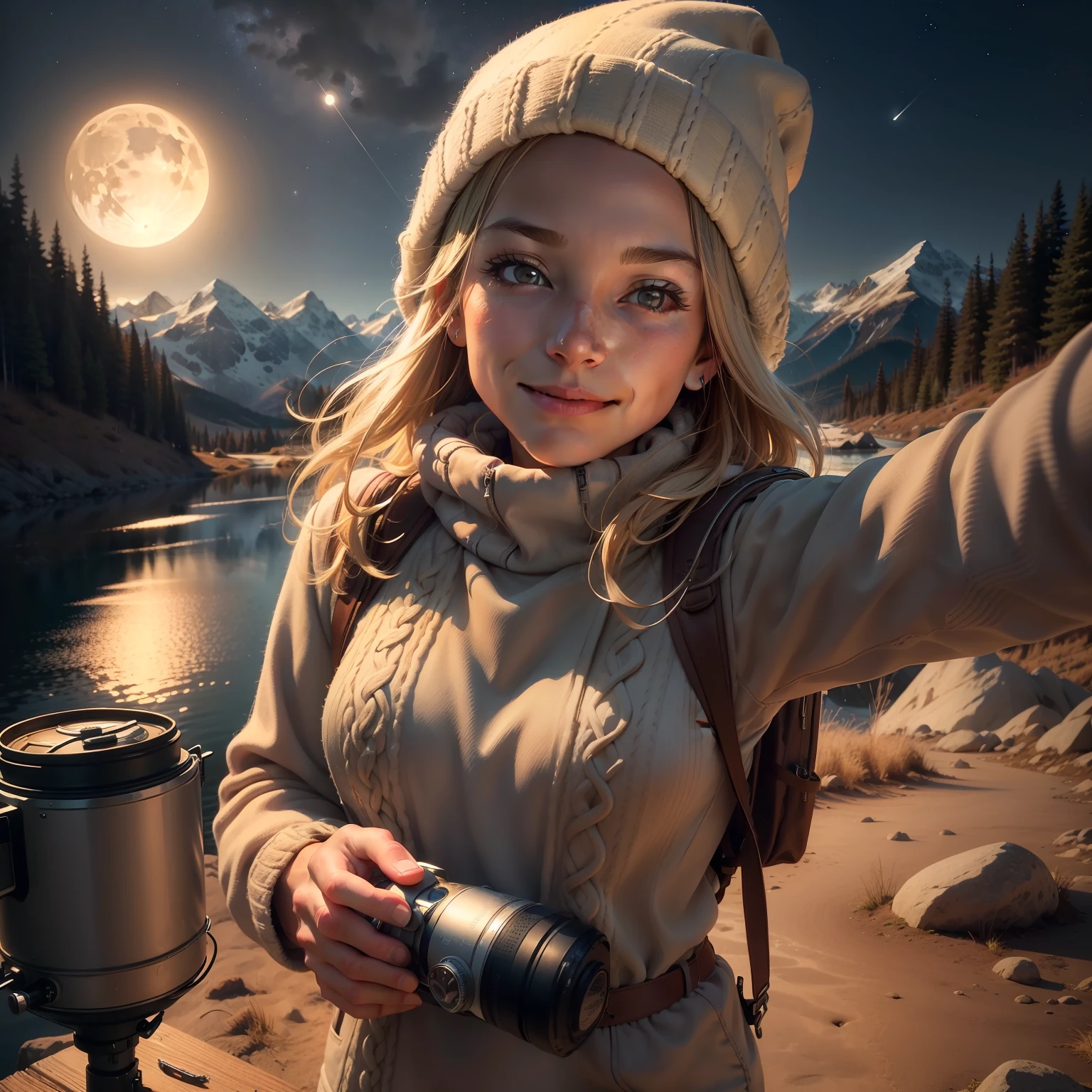 1 woman((upper body selfie, happy)), masterpiece, best quality, ultra-detailed, solo, outdoors, (night), mountains, nature, (stars, moon) cheerful, happy, backpack, sleeping bag, camping stove, water bottle, mountain boots, gloves, sweater, hat, flashlight, forest, rocks, river, wood, smoke, shadows, contrast, clear sky, analog style (look at viewer:1.2) (skin texture) (film grain:1.3), (warm hue, warm tone)
:1.2), close up, cinematic light, sidelighting, ultra high res, best shadow, RAW, upper body, old man, wearing pullover