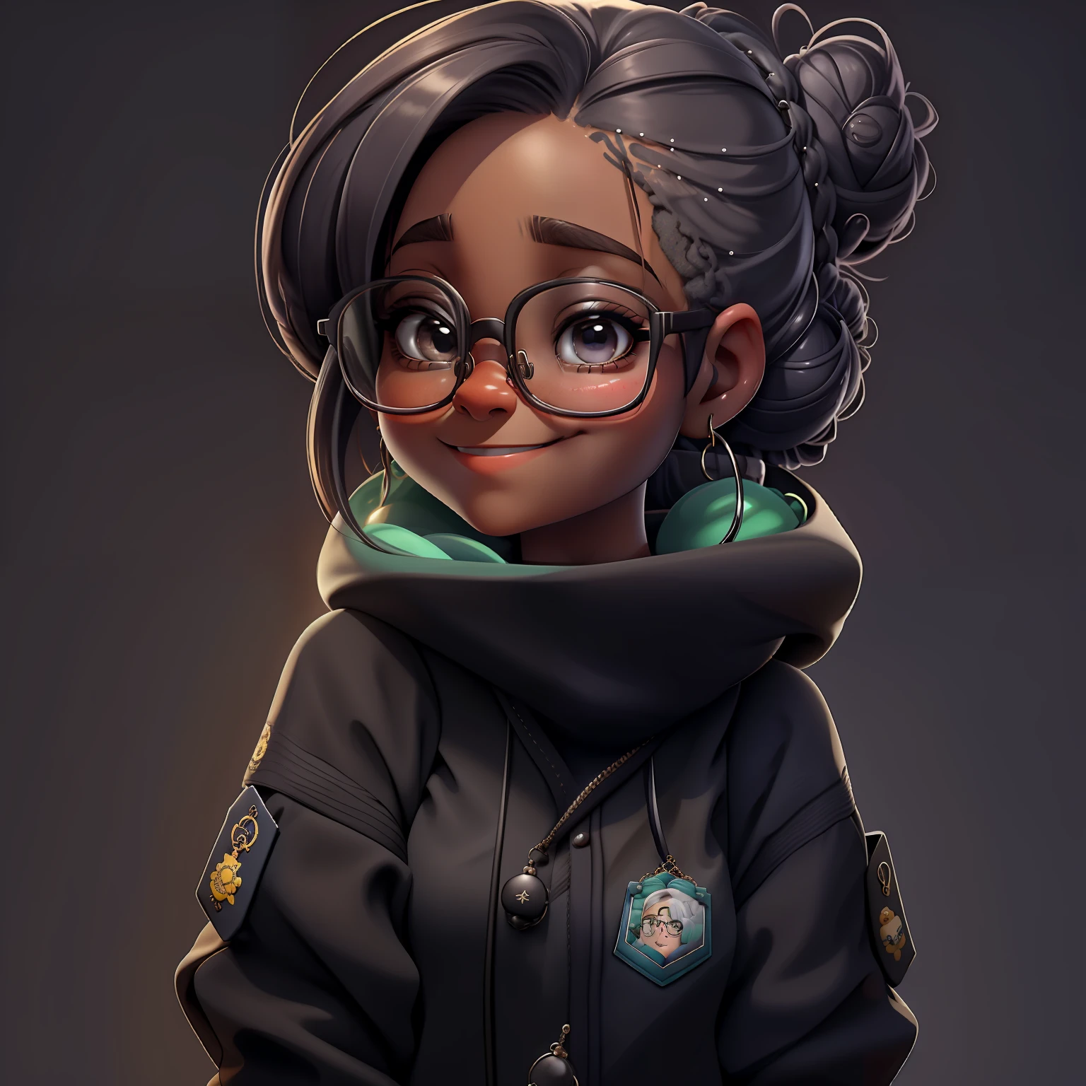 orando rezando, Eyeglasses, sorriso, livros e mochila, Slime cabelo curto bun estilo de cabelo, preto amendoado, roupas vestido leve e detalhado, master part, best quality
