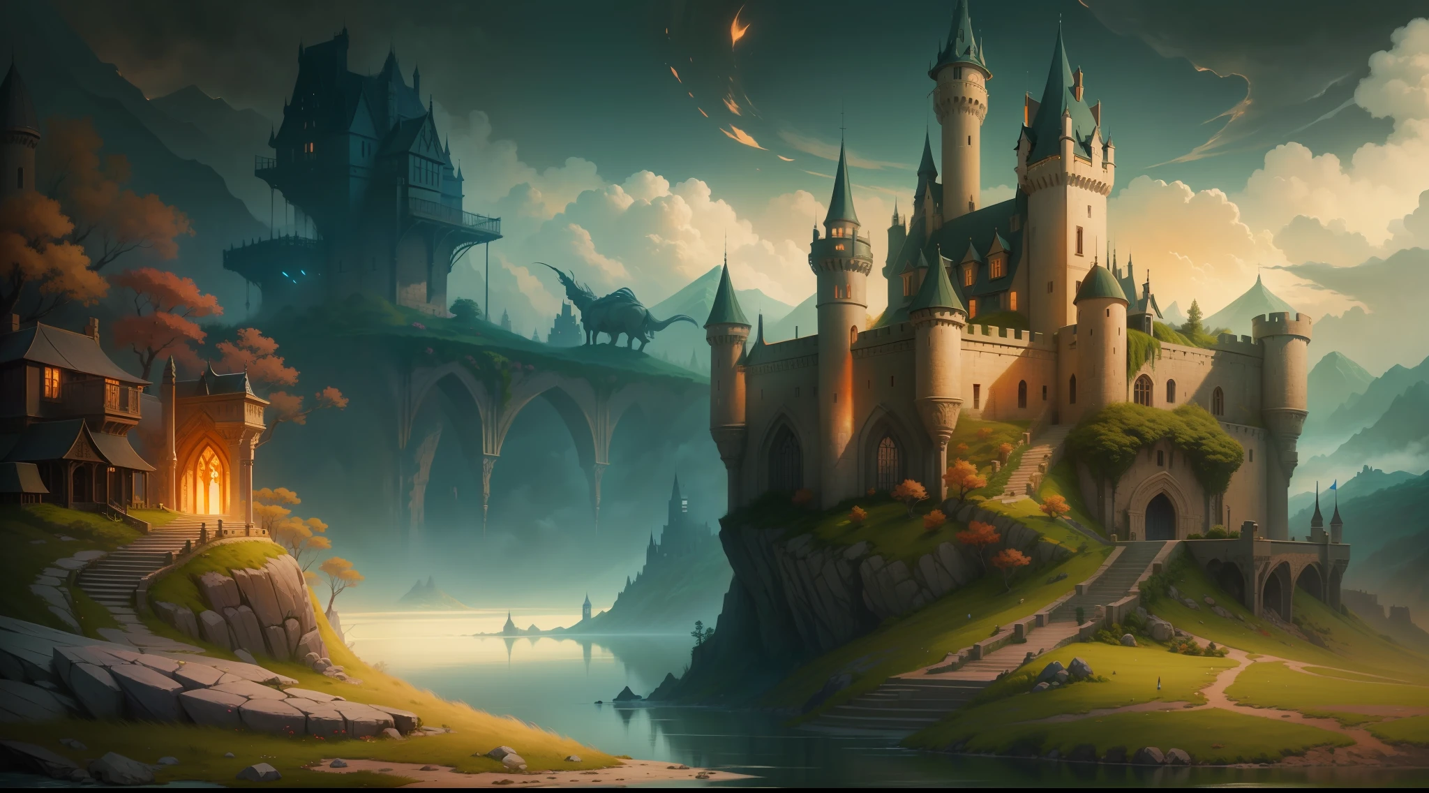 arafed castle on a hill overlooking a body of water, fantasy background, background artwork, amazing wallpaper, magnificent background, fantasy painting hd, beautiful wallpaper, hd wallpaper, high quality desktop wallpaper, digital art fantasy, dream scenery art, epic fantasy art style hd, fantasy art landscape, beautiful fantasy art, fantasy beautiful, hd fantasy art, breathtaking fantasy art, amazing background