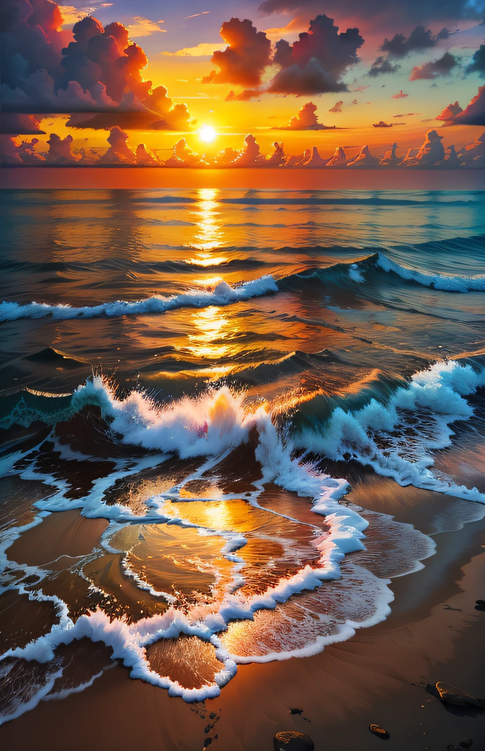 An absolutely mesmerizing sunset over the beach, with a blend of oranges, pinks, and yellows filling the sky. Crystal-clear waters of the sea gently kissing the shore, with sandy white beach stretching far and wide. The scene is dynamic and breathtaking, with seagulls soaring high in the sky and gently swaying palm trees. Take in the calming atmosphere and let the peacefulness wash over you.