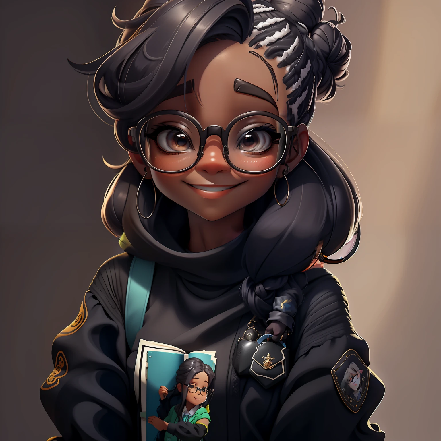 menina orando rezando, Eyeglasses, sorriso, livros e mochila, Slime cabelo curto bun estilo de cabelo, preto amendoado, roupas vestido leve e detalhado, master part, best quality