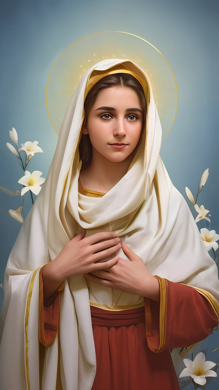 (((Blessed Virgin Mary))) Obra maestra, (La mejor calidad: 1.2), (super fine: 1.2), illustration, (extremadamente delicado y hermoso: 1.2), movie angle, flotante, (Hermoso ojo de detalle: 1.1), (detalle luz: 1.1), Movie Lights, Cielo delicado, ojos azules, (Cola de caballo alta: 1.1), capa, ojuelos, (luna: 1. 2), (Luz de la luna: 1.1), cielo estrellado, (light particles: 1.1) dibujo, flor. (Obra maestra), (La mejor calidad), (fotorrealista:1.3), 8k, Textura detallada de la piel, Textura detallada de la tela, Hermosa cara detallada, Detalles intrincados, Ultra detallado (cuerpo de cuerpo entero:1.2)