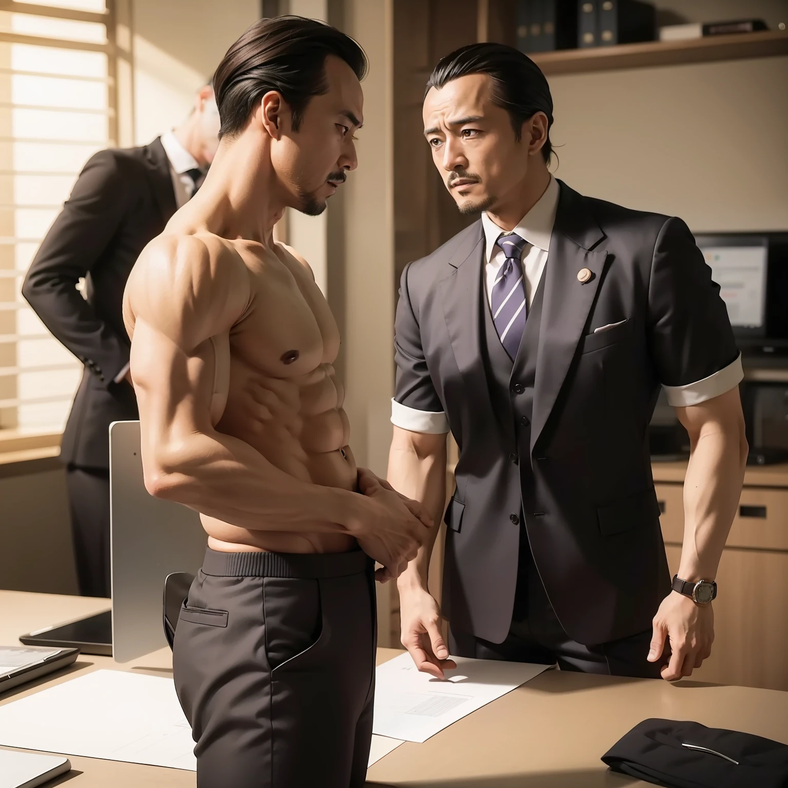 age 55,Hidetoshi Nakata,(Kogoro Mouri 1.3),Shirtless,Tong,agitated,office room,black long socks,Thin,musculature,lbeard,fortitude,artwork of a,tmasterpiece,k hd,Tong,Look from below