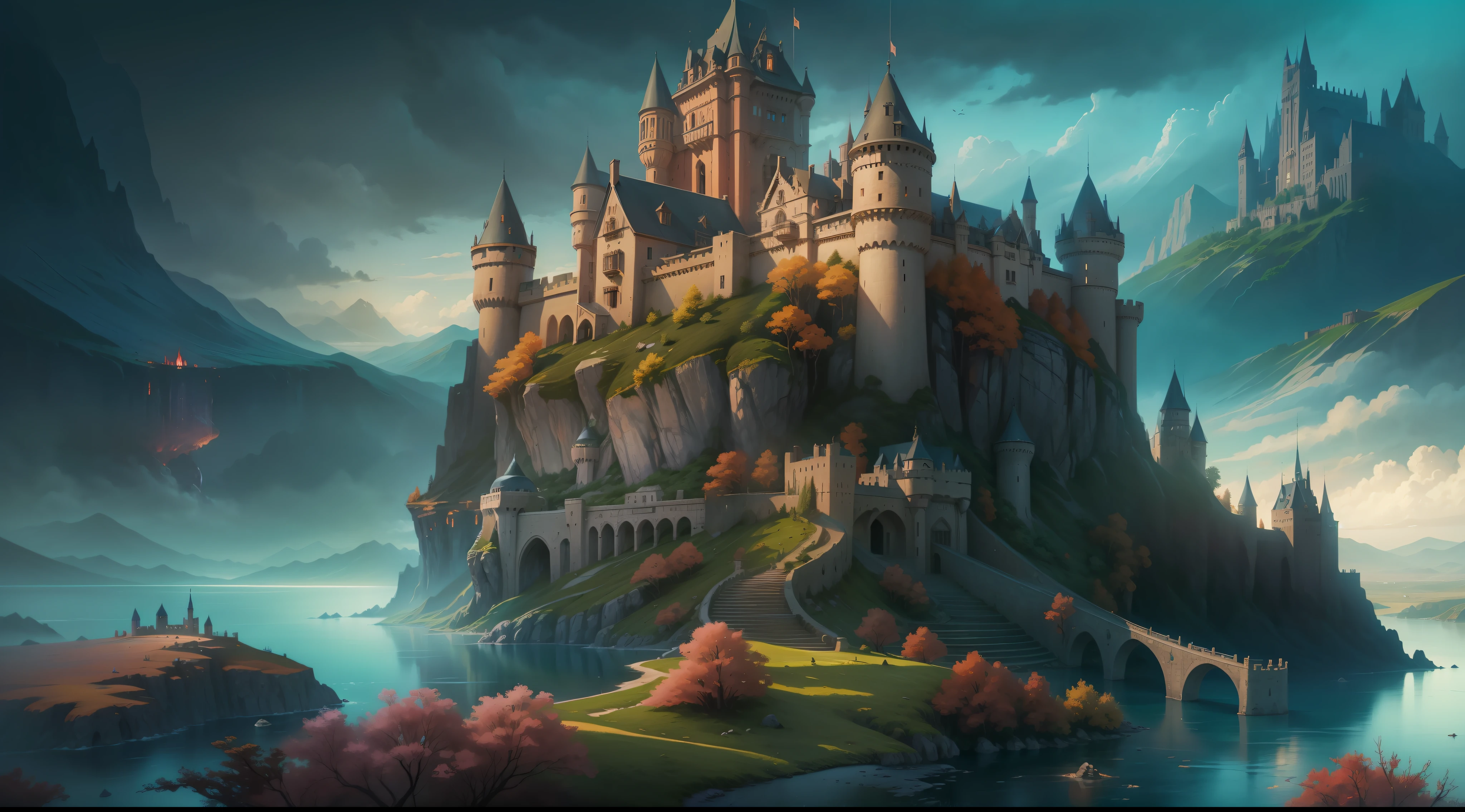 arafed castle on a hill overlooking a body of water, fantasy background, background artwork, amazing wallpaper, magnificent background, fantasy painting hd, beautiful wallpaper, hd wallpaper, high quality desktop wallpaper, digital art fantasy, dream scenery art, epic fantasy art style hd, fantasy art landscape, beautiful fantasy art, fantasy beautiful, hd fantasy art, breathtaking fantasy art, amazing background