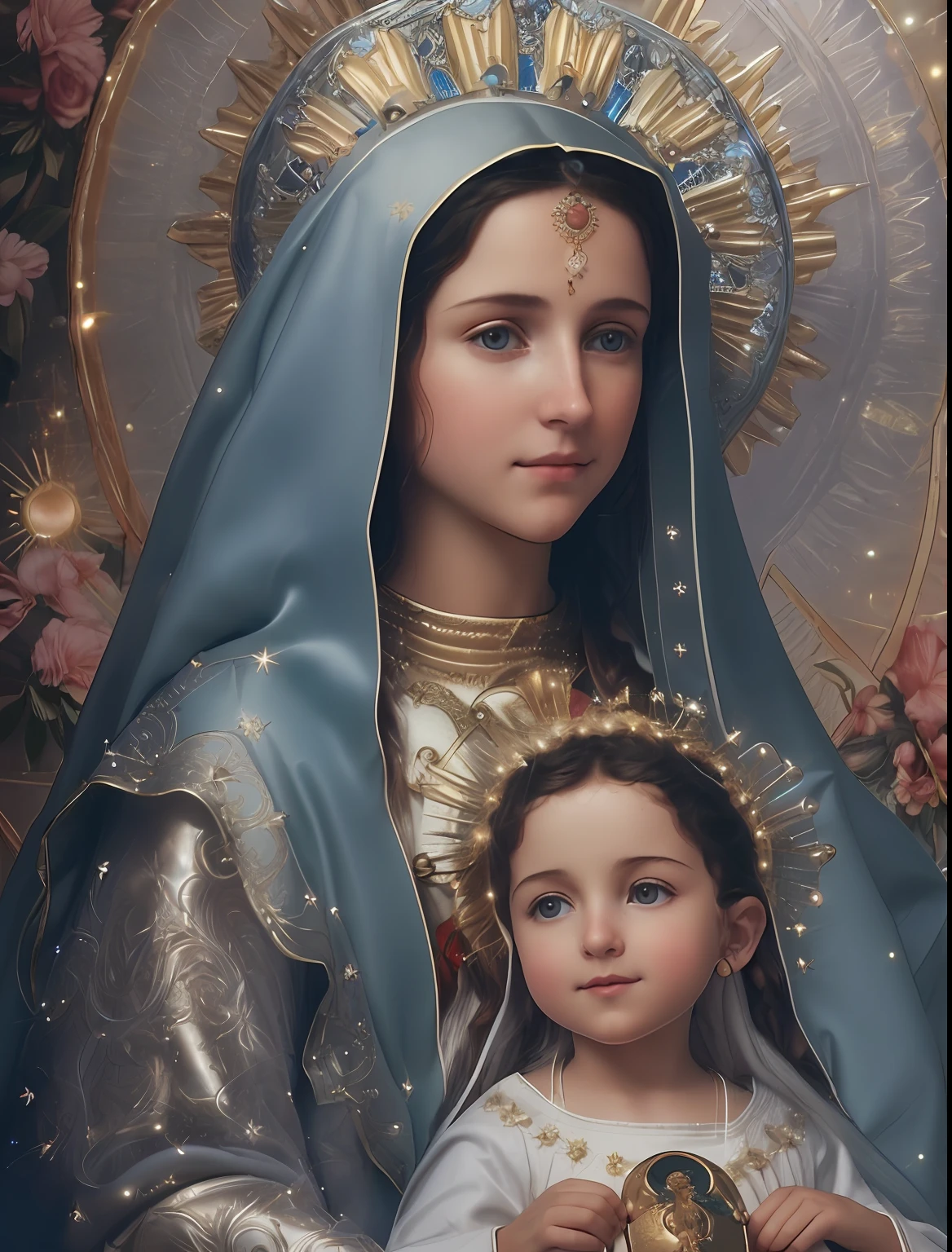 (((Blessed Virgin Mary AND CHILD JESUS))) Obra maestra, (La mejor calidad: 1.2), (super fine: 1.2), illustration, (extremadamente delicado y hermoso: 1.2), movie angle, flotante, (Hermoso ojo de detalle: 1.1), (detalle luz: 1.1), Movie Lights, Cielo delicado, ojos azules, (Cola de caballo alta: 1.1), capa, ojuelos, (luna: 1. 2), (Luz de la luna: 1.1), cielo estrellado, (light particles: 1.1) dibujo, flor. (Obra maestra), (La mejor calidad), (fotorrealista:1.3), 8k, Textura detallada de la piel, Textura detallada de la tela, Hermosa cara detallada, Detalles intrincados, Ultra detallado (cuerpo de cuerpo entero:1.2)