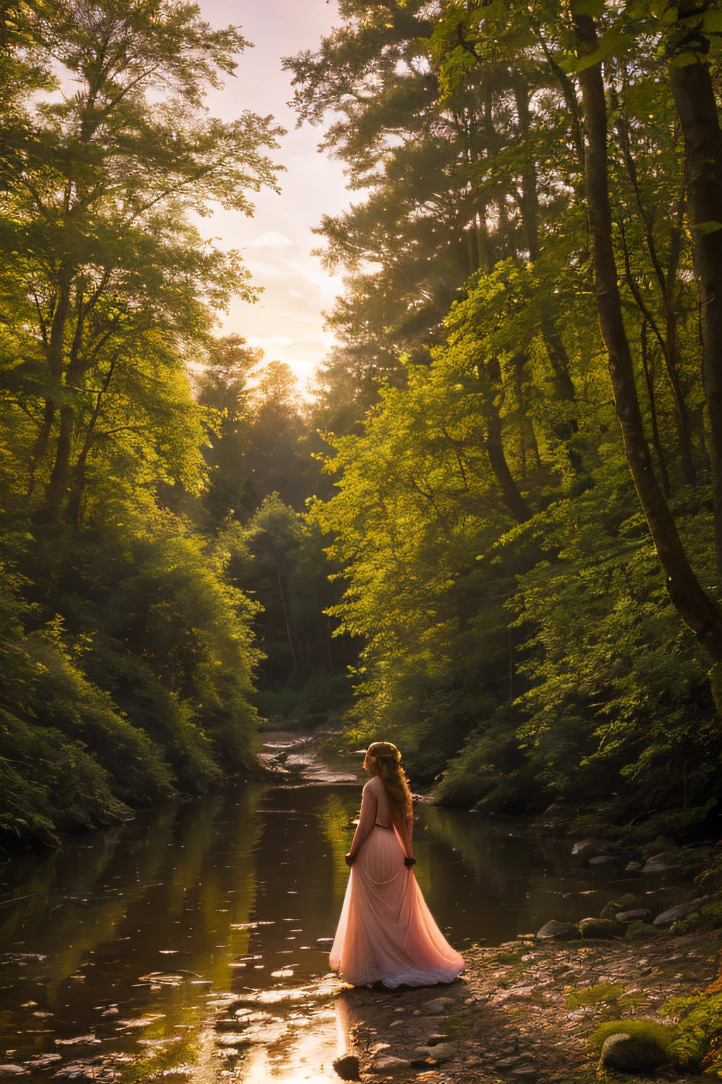 In the heart of a magical forest, bathed in the warm hues of a setting sun, a young Disney princess-like girl strolls gracefully along a narrow path. Her flowing, pastel-colored gown, adorned with delicate floral patterns, rustles gently in the soft breeze. Her long, flowing hair, adorned with a crown of flowers, cascades down her back.

The trees around her stand tall, their leaves casting dappled patterns of light on the ground, as rays of golden sunlight pierce through the canopy. The woods are filled with an enchanting atmosphere, and fireflies begin to emerge, adding a touch of magic to the scene.

Walking beside her is a small, adorable white dog, with a tiny golden crown on its head, matching its royal companion. The dog trots happily, its tail wagging, mirroring the princess's radiant smile.

A babbling brook meanders through the woods, its crystal-clear water shimmering with the reflection of the vibrant sky. The soft sound of the flowing water creates a soothing melody that resonates throughout the peaceful woodland.

As the sun gently kisses the horizon, painting the sky with hues of pink, orange, and purple, the princess and her furry companion are immersed in the tranquil beauty of the moment. Their adventure in the woods continues, guided by the whimsical charm of nature and the promise of an enchanting story that awaits them.