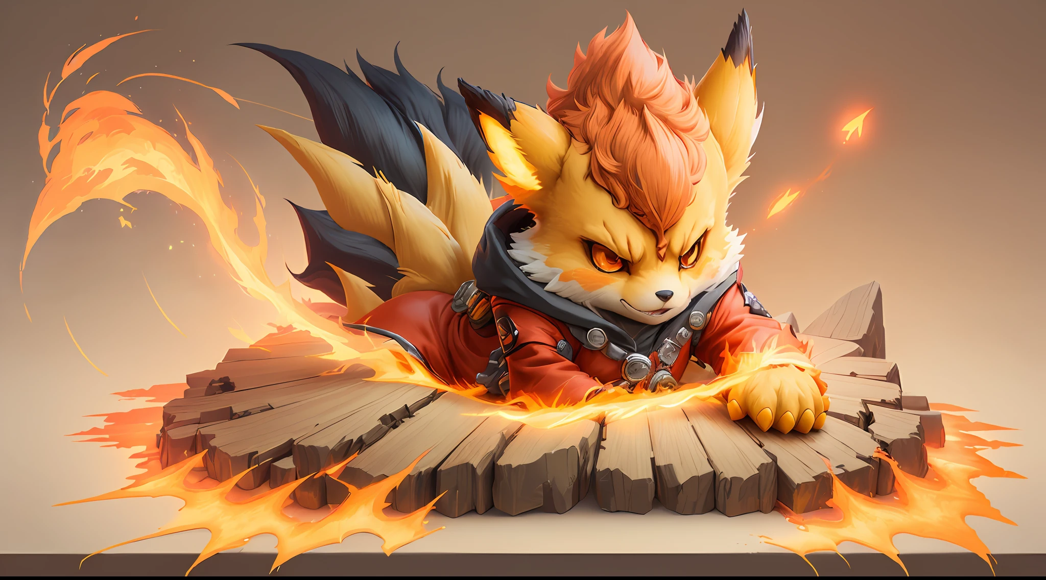 (1 character:1.5), (solo character:1.5), pokemon character with fire and flames around him, fire type, pokemon art style, illustration pokemon, portrait of zeraora, style of cute pokemon, blazing infero, fox from league of legends chibi, fire!! full body, cute detailed digital art, new pokemon, melting into jolteon, style of pokemon, firey, by Ryan Yee, ember