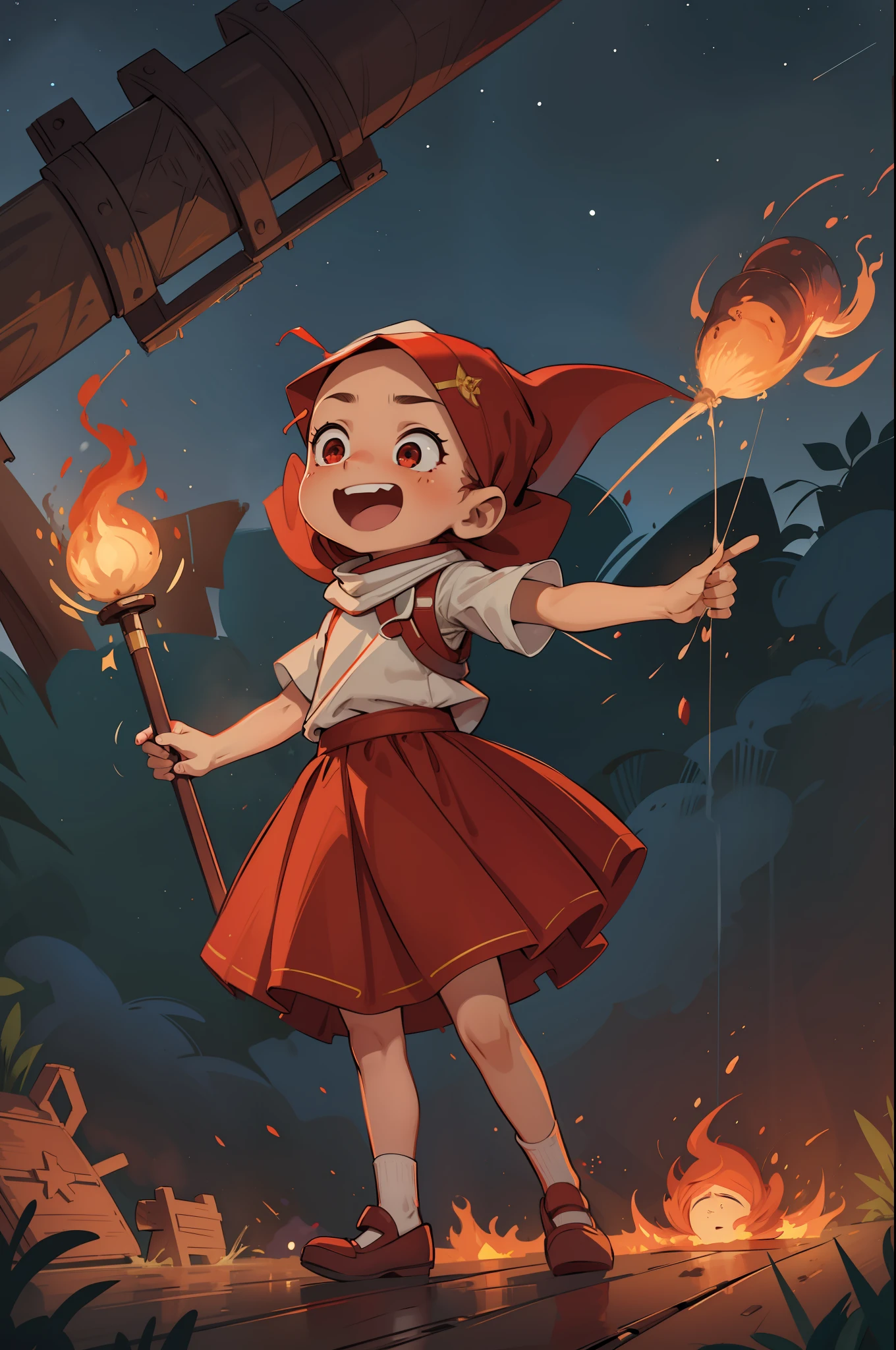 A little hijab girl, wearing a long skirt, proudly holding a large red and white flag, with highly detailed eyes and face, exuding extreme happiness, celebrating Indonesian Independence Day, with splashes of water and fire in the background, creating a dramatic atmosphere. Starry night,