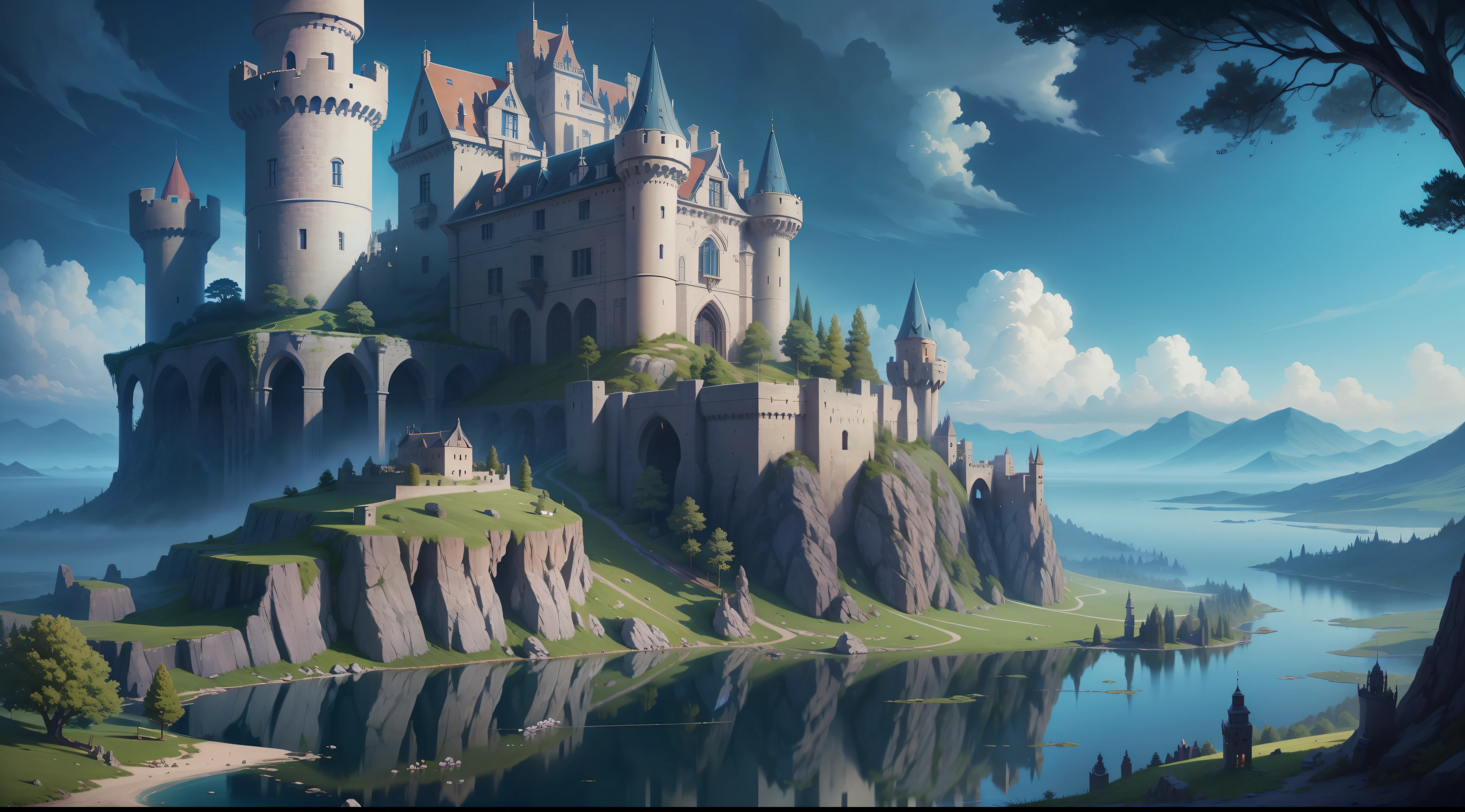 arafed castle on a hill overlooking a body of water, fantasy background, background artwork, amazing wallpaper, magnificent background, fantasy painting hd, beautiful wallpaper, hd wallpaper, high quality desktop wallpaper, digital art fantasy, dream scenery art, epic fantasy art style hd, fantasy art landscape, beautiful fantasy art, fantasy beautiful, hd fantasy art, breathtaking fantasy art, amazing background