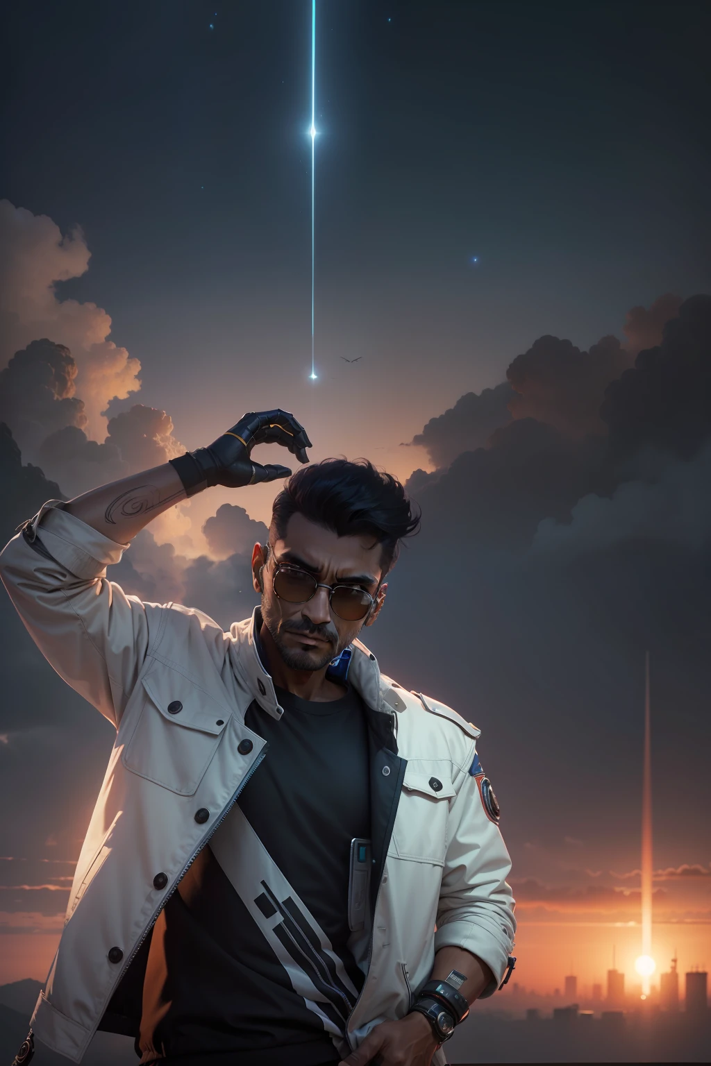 Jacket,robotic arm, sky background,stylish, Indian,8k,