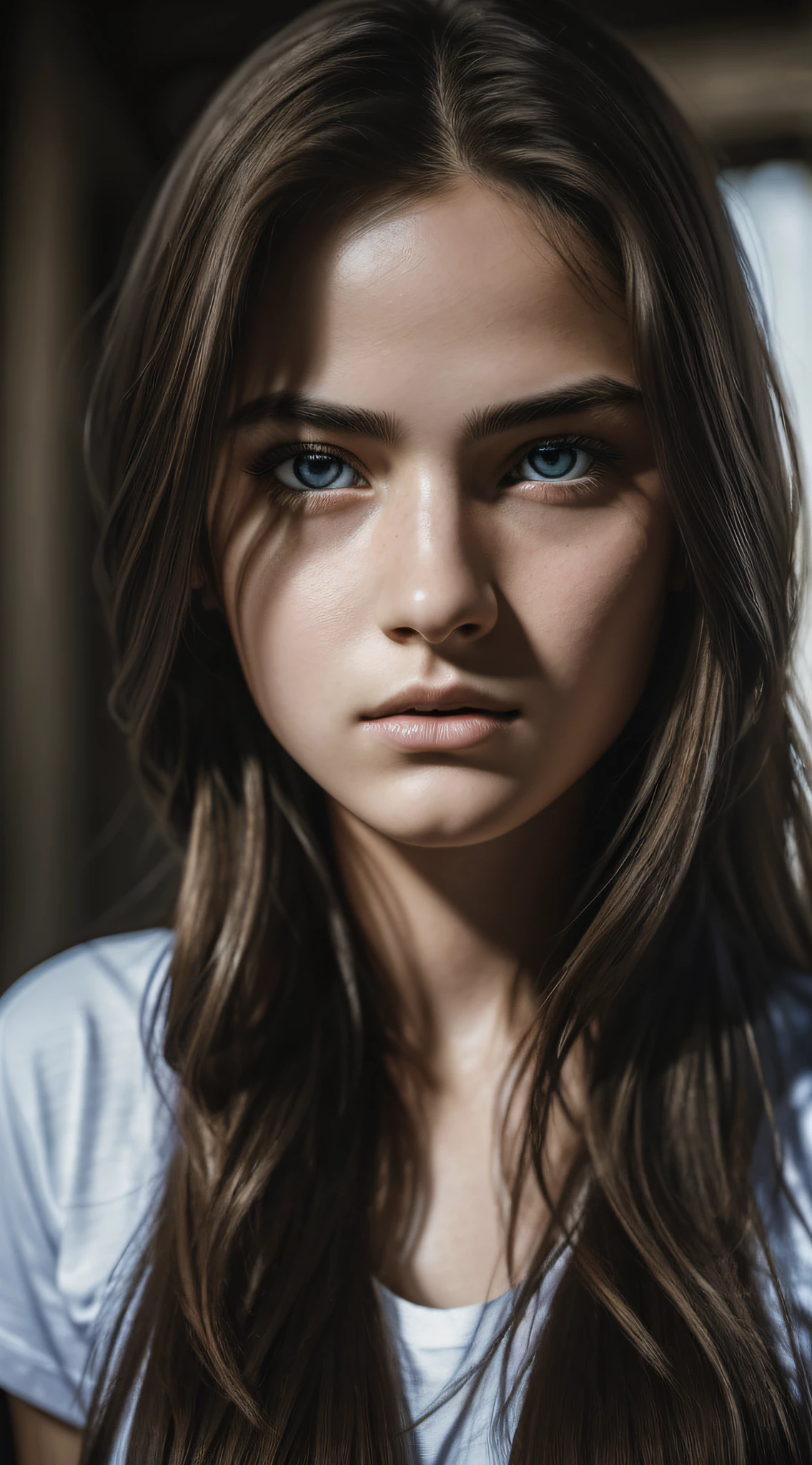 Best quality, masterpiece, ultra-high res, (photorealistic:1.37), raw photo, 1girl, long hair, beautiful eyes, beautiful face, detailed eyes and face, t-shirt, dynamic lighting, in the dark, deep shadow, low key, cowboy shot --auto