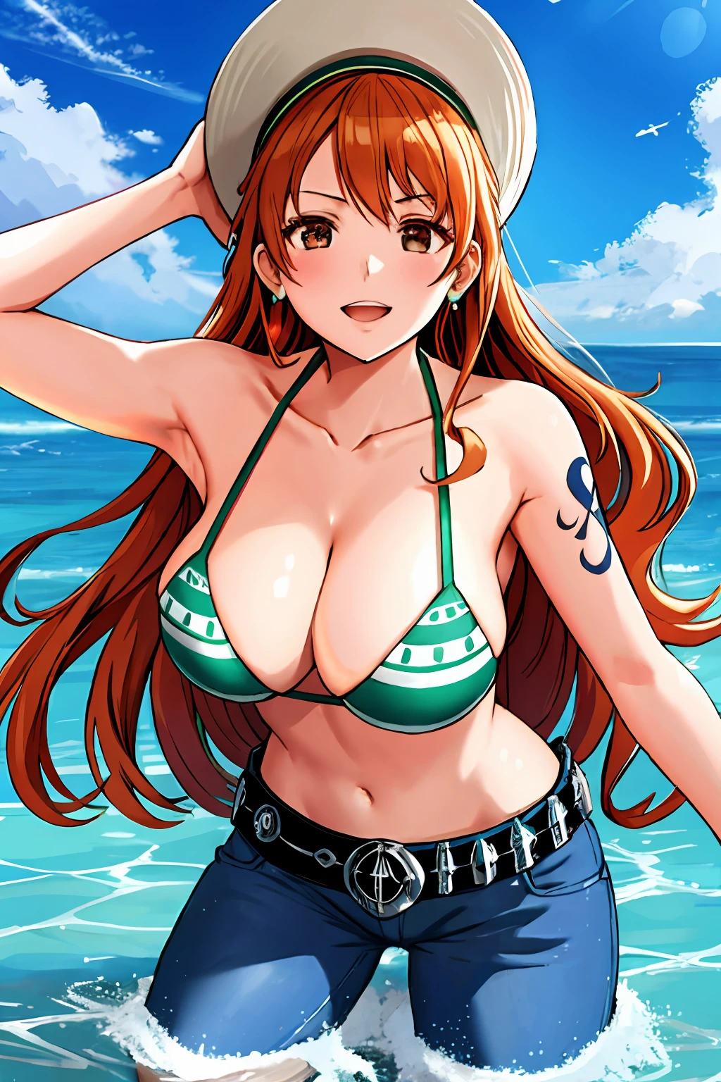 detailed background, masterpiece, 4k, epic, best quality, cheerful, late youth, adult, milf, athlete body, 1girl, active, energic, ((wide open mouth, folded legs, smile, lying on the ground, fully lying down, open eyes, hands spread sideway, jumping)) , solo, nami \(one piece\), 1girl, bangle, (very missy hair, tired, open mouth, feeling hot, tilting head, both hands spreadeagled, serious, hurt, glaring, open eyes, looking up, perfect detailed face, detailed round face) bold drawing lines, muscular arms, detailed bold body lines, flat jaw, adult woman, (wavy wide streaked bangs, floating bang, long left bangs ) (big cheeks), bare shoulders, off-shoulders, belt, bikini, bikini top only, blue sky, bracelet, springy breasts, breast lines, big round eyes, very big brown shiny eyes, bubbles, high eye position, cleavage, cloud, day, denim, earrings, floating hair, wavy hair, shiny hair, green belt, green bikini, bold groin lines, ((straw hat)), long jeans, jewelry, medium breasts, log pose, long hair, looking at viewer, long navel, wet hair, orange hair, pants, shoulder tattoo, sidelocks, sky, solo, stomach, swimsuit, tattoo, detailed left arm, big forehead, hourglass figure, small head, toned body, wide hair, wind effect, sun effect, under the sun, narrow small ears angle, older, straight shot, water splashes