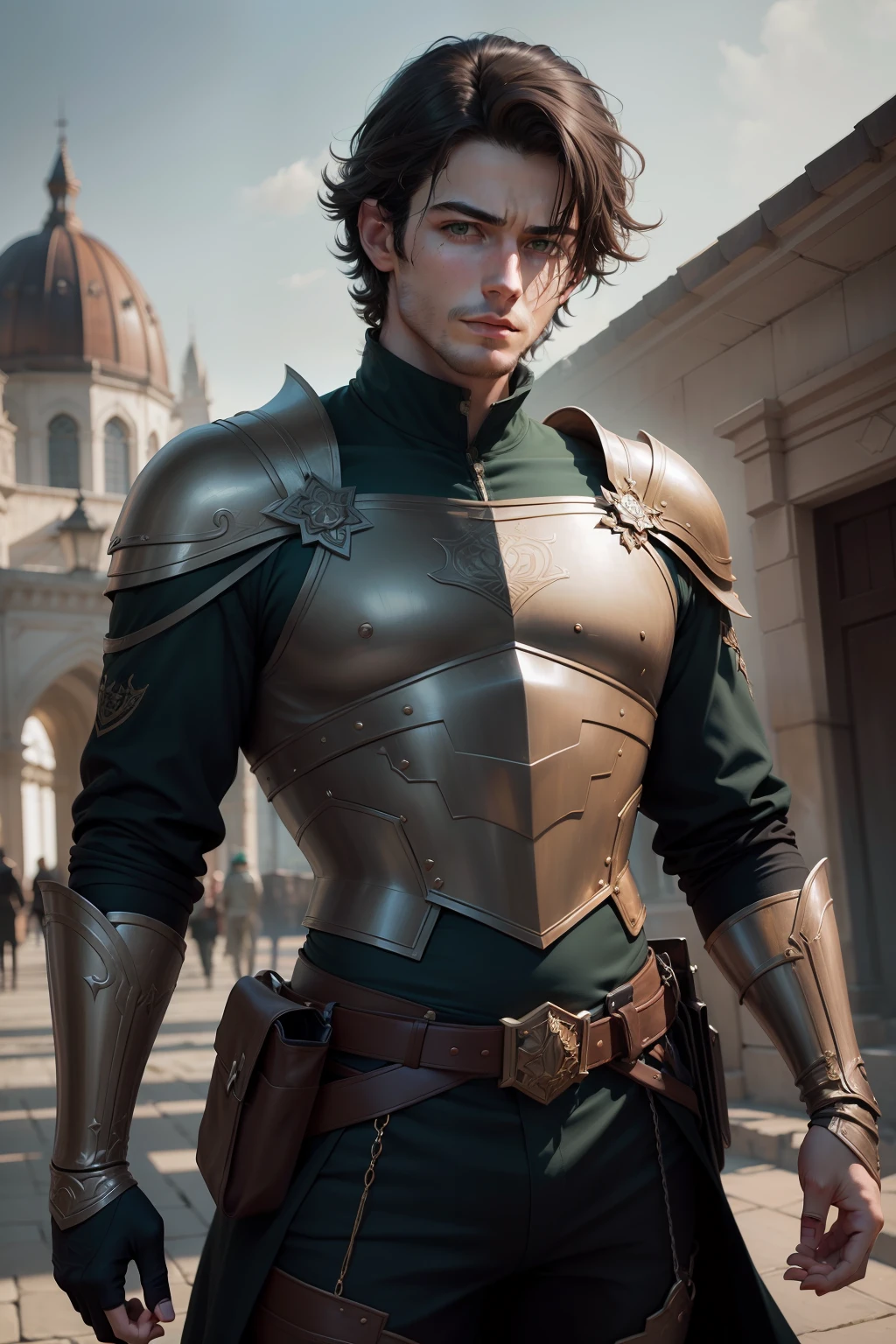 close up de 1 homem, jovem, of Irish descent, ranger andando por uma vila de fantasia, uma noite de luar, rosto bonito,medium-sized dark hair,green eyes beautiful sky, (oil-painting), classic art: 0.4, detalhado, intrincado, (arte de fantasia), cor silenciada: 0.25, melhor qualidade, boa anatomia, good composition, good proportions, bom design, dinamic pose, boa pose, realistic sky, fundos realistas, (cinemactic), (mais alta qualidade, premiado, obra-prima:1.3), (arte de Arthur Rackham:0.5), ((cores naturais))), (fotorrealista:1.4), ((empty hands, sem segurar nada)),