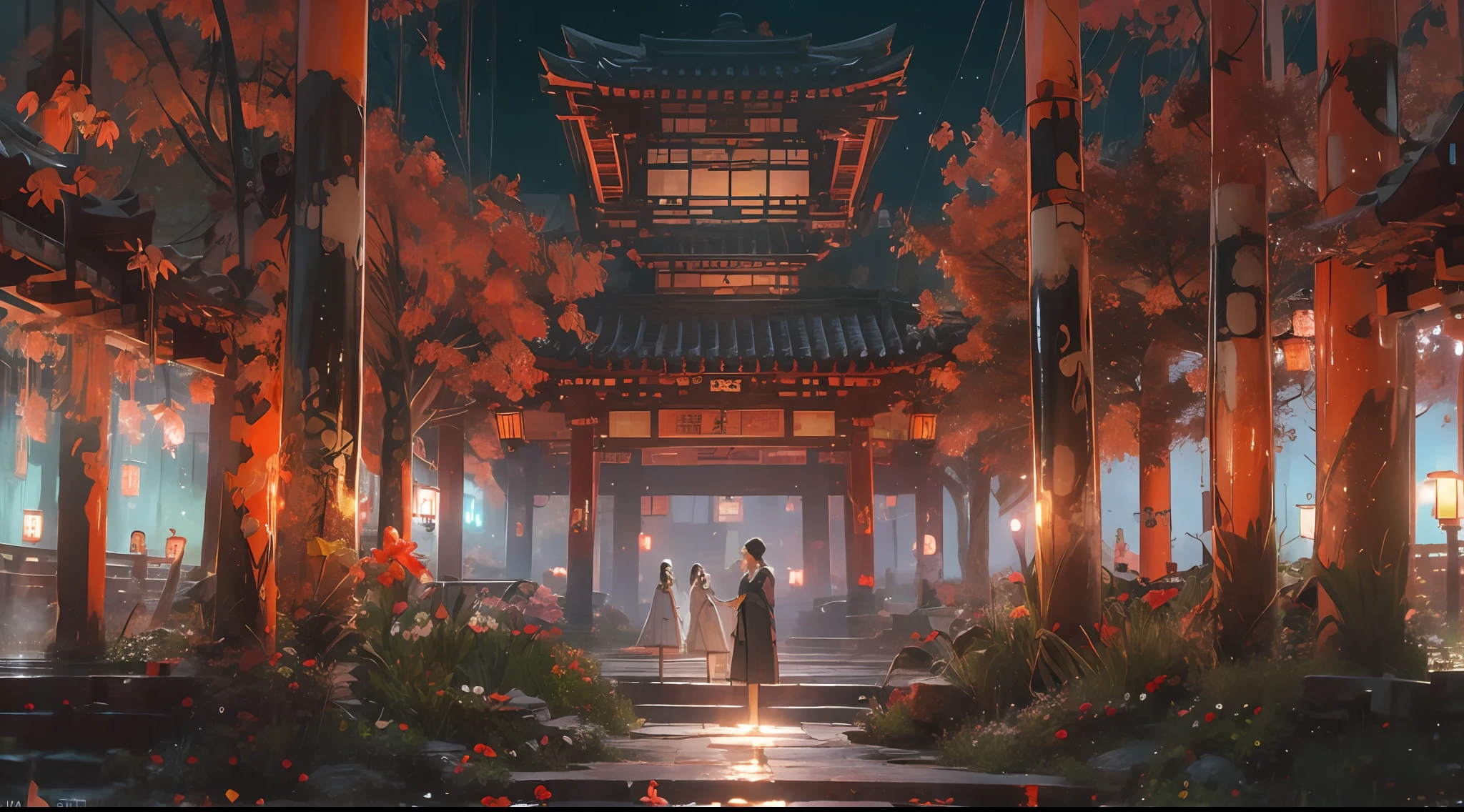 (tmasterpiece:1.2),best qualtiy,realisticlying,Tyndall effect,Underworld marriage,Spooky atmosphere,natta,Red palace lamp, The tree, scenecy, exteriors, "Young, Handsome and beautiful aristocratic couple traveling in the underworld,Detailed eyes,Clear facial features",Japanese clothes, east asian architecture, buliding, Skysky, nigh sky, stairways,amaryllis