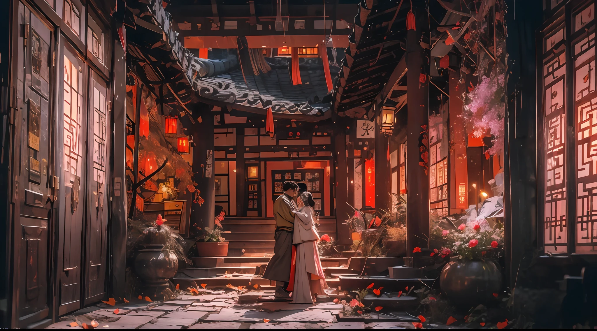 （tmasterpiece：1.2），best qualtiy，realisticlying，Tyndall effect，Underworld marriage，Spooky atmosphere，natta，Red palace lamp， The tree， scenecy， exteriors， "Young, Handsome and beautiful aristocratic couple traveling in the underworld，Detailed eyes，Clear facial features"，Japanese clothes， east asian architecture， buliding， Skysky， nigh sky， stairways，amaryllis