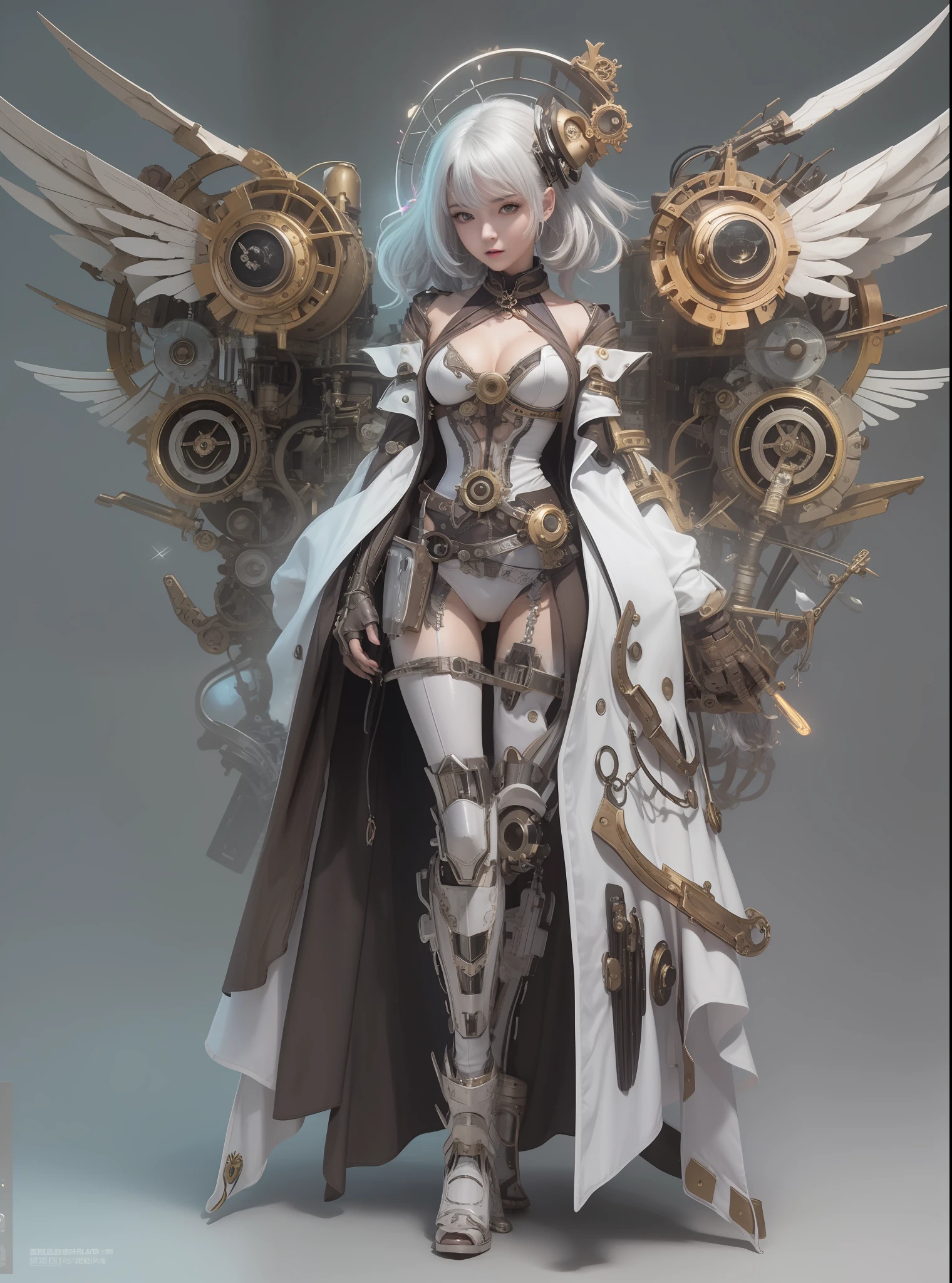 top-quality、masterpiece、超A high resolution、(Photorealsitic:1.4)、Raw photo、Steampunk Battle Cyborg Angel、large wings made of metal、White porcelain body、Acrylic Clear Cover、white hair、glowy skin、1 steampunk cyborg girl、((super realistic details))、portlate、globalillumination、Shadow、octan render、8K、ultrasharp、character edge light, Colossal tits、Raw skin is exposed in cleavage、Details of complex ornaments、Details of the steam engine、Hydraulic cylinder、Small LED lamp、highly intricate detail、Realistic light、a purple eye、radiant eyes、Facing the camera、neon details、cowboy shot、Futuristic headgear、About steampunk、、