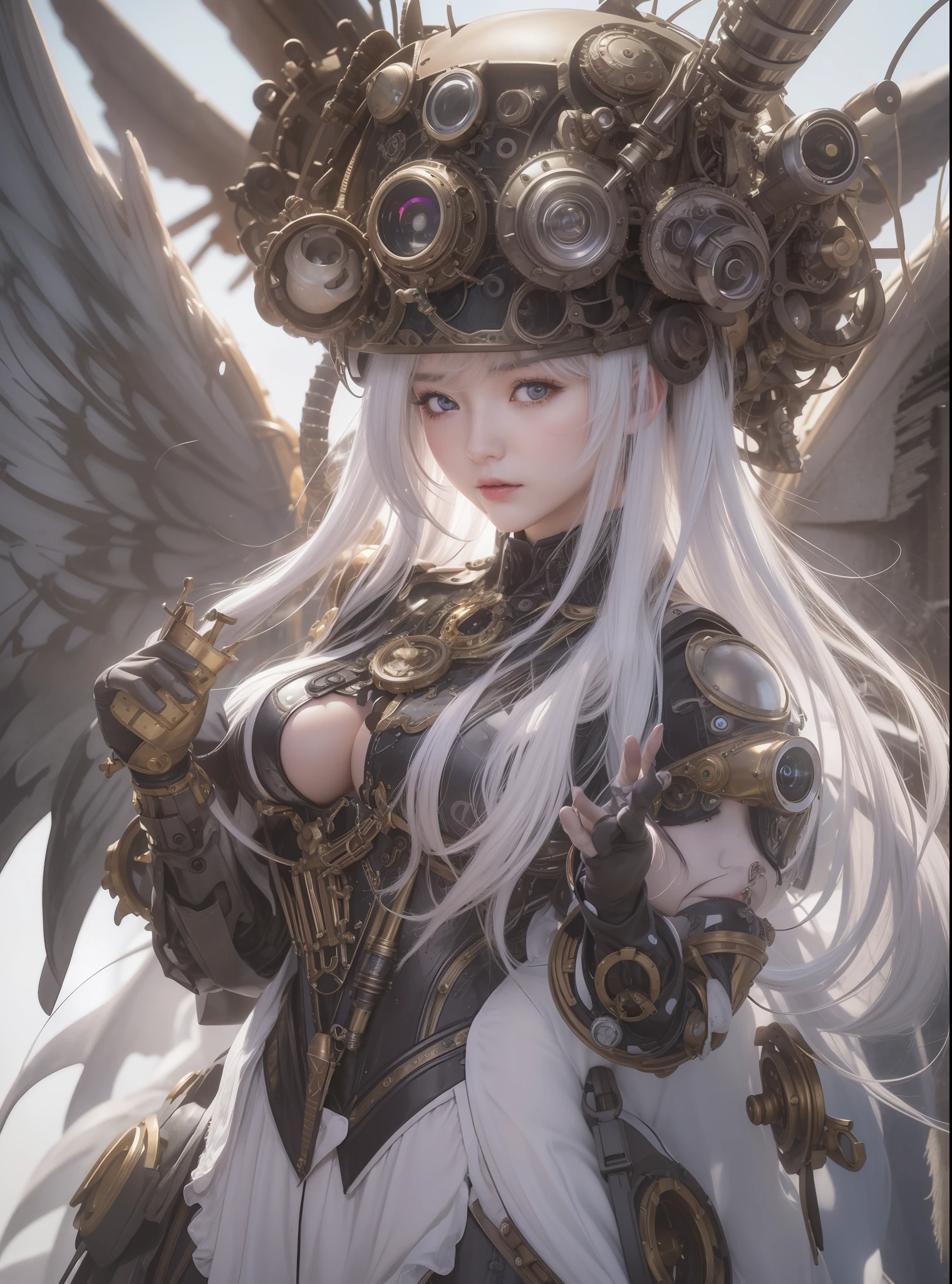 top-quality、​masterpiece、超A high resolution、(Photorealsitic:1.4)、Raw photo、Steampunk Battle Cyborg Angel、large wings made of metal、White porcelain body、Acrylic Clear Cover、white  hair、glowy skin、1 steampunk cyborg girl、((super realistic details))、portlate、globalillumination、Shadow、octan render、8K、ultrasharp、character edge light, Colossal tits、Raw skin is exposed in cleavage、Details of complex ornaments、Details of the steam engine、Hydraulic cylinder、Small LED lamp、highly intricate detail、Realistic light、a purple eye、radiant eyes、Facing the camera、neon details、cowboy  shot、Futuristic headgear、About steampunk、、