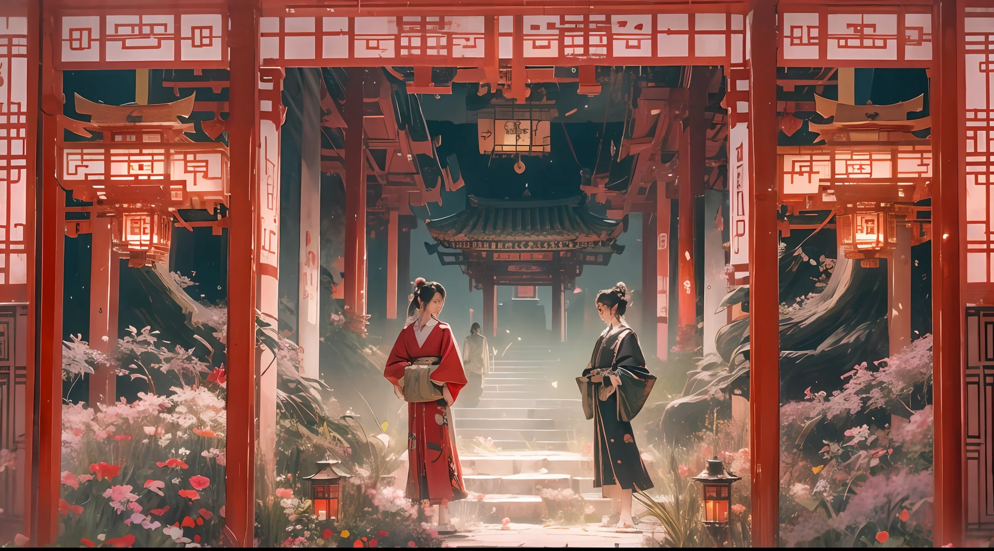 (tmasterpiece:1.2),best qualtiy,realisticlying,Tyndall effect,Underworld marriage,Spooky atmosphere,natta,Red palace lamp, The tree, scenecy, exteriors, "Young, Handsome and beautiful aristocratic couple traveling in the underworld,Detailed eyes,Clear facial features",Japanese clothes, east asian architecture, buliding, Skysky, nigh sky, stairways,amaryllis