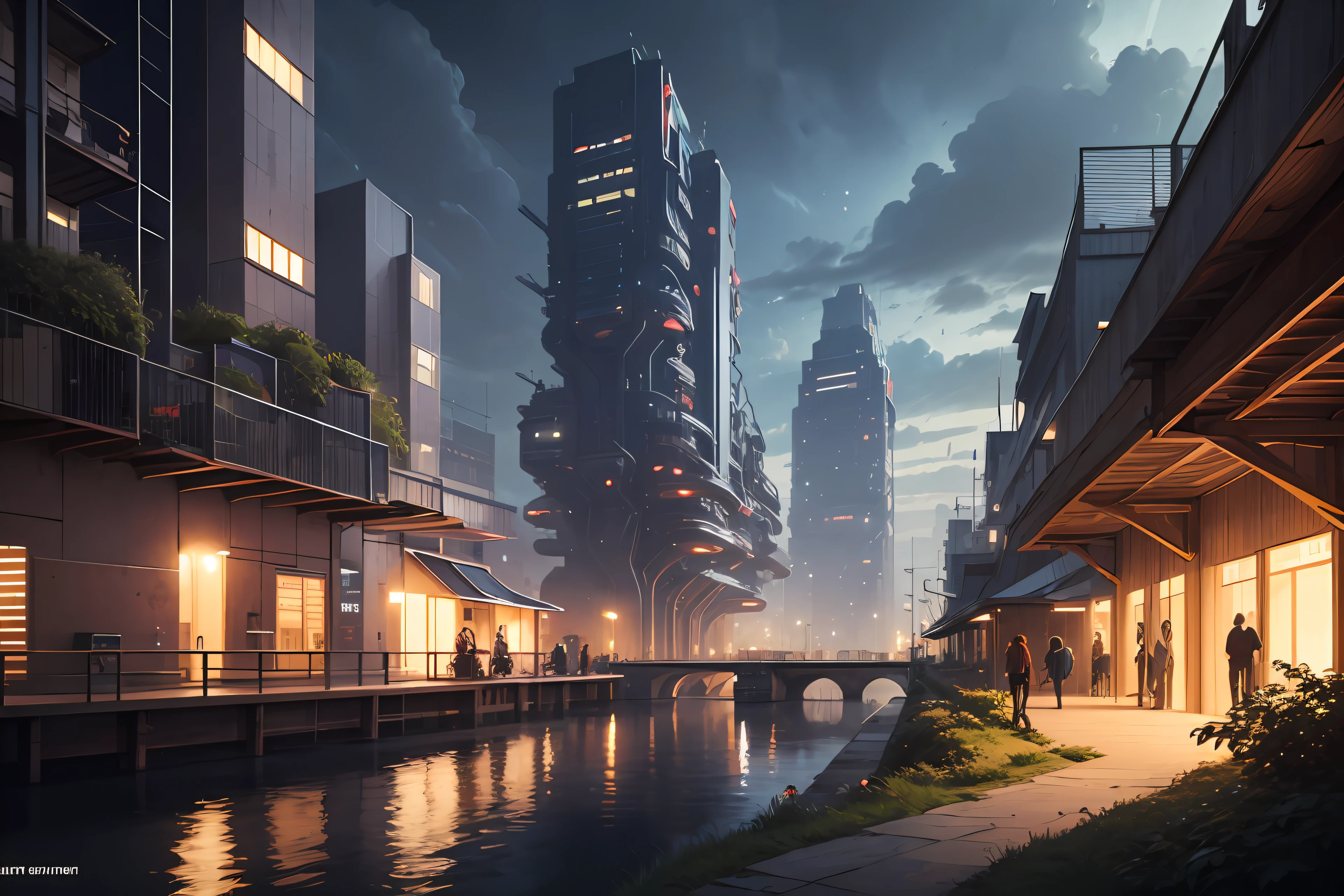 Ultramodern futuristic industrial harbour city with lush vegetation, cloudy night, studio ghibli anime --auto