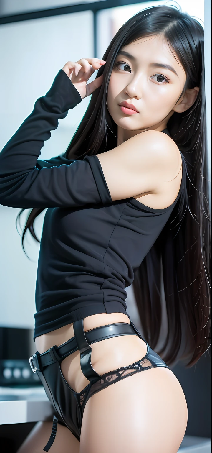 there is a girl with a finger on her lips and a black shirt, ruan cute vtuber, with accurate face, small lips pointy nose, young cute face, she has a cute face, girl cute-fine-face, young cute wan asian face, blank expression on her face, showing her face, big round nose closed lips