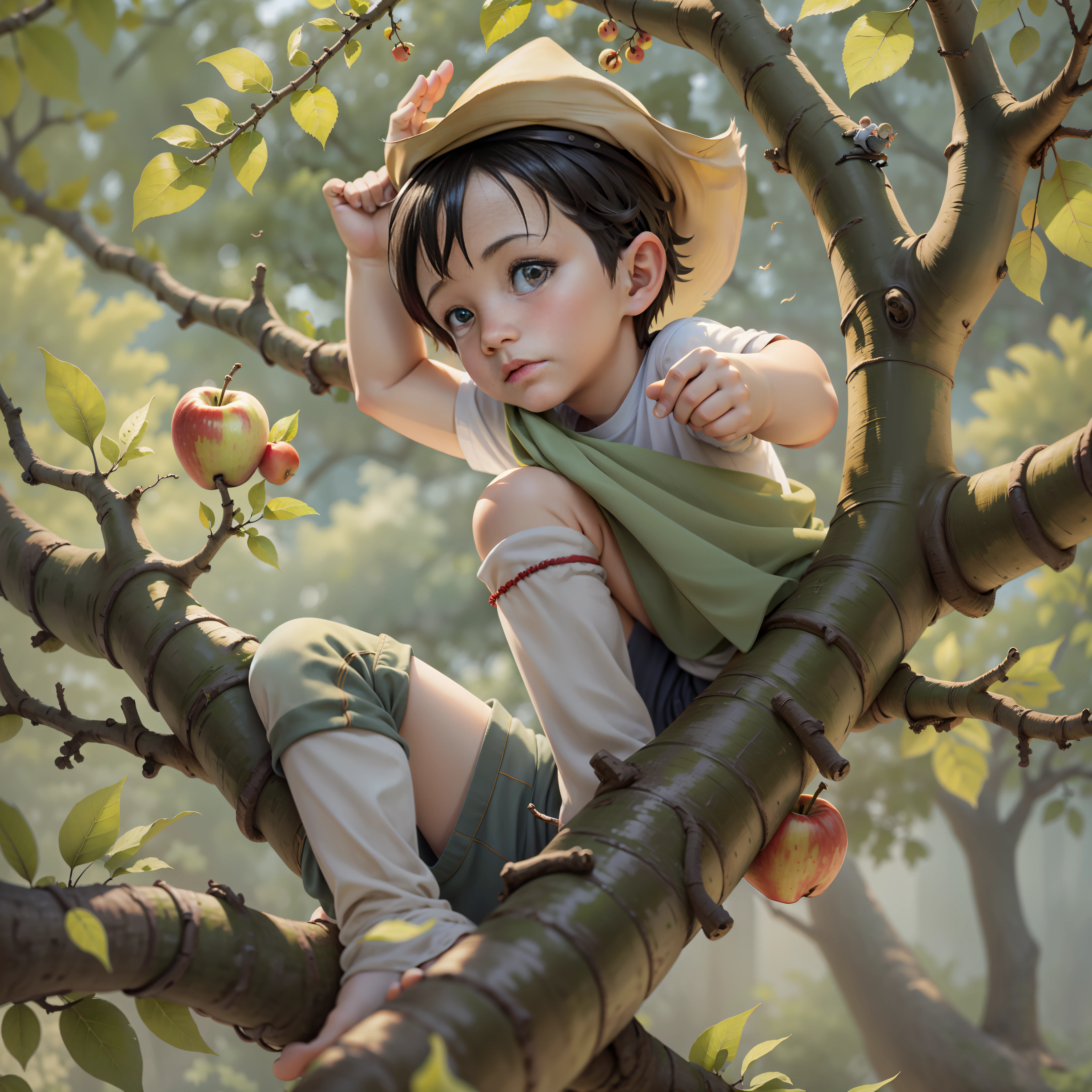 Boy on apple tree branch