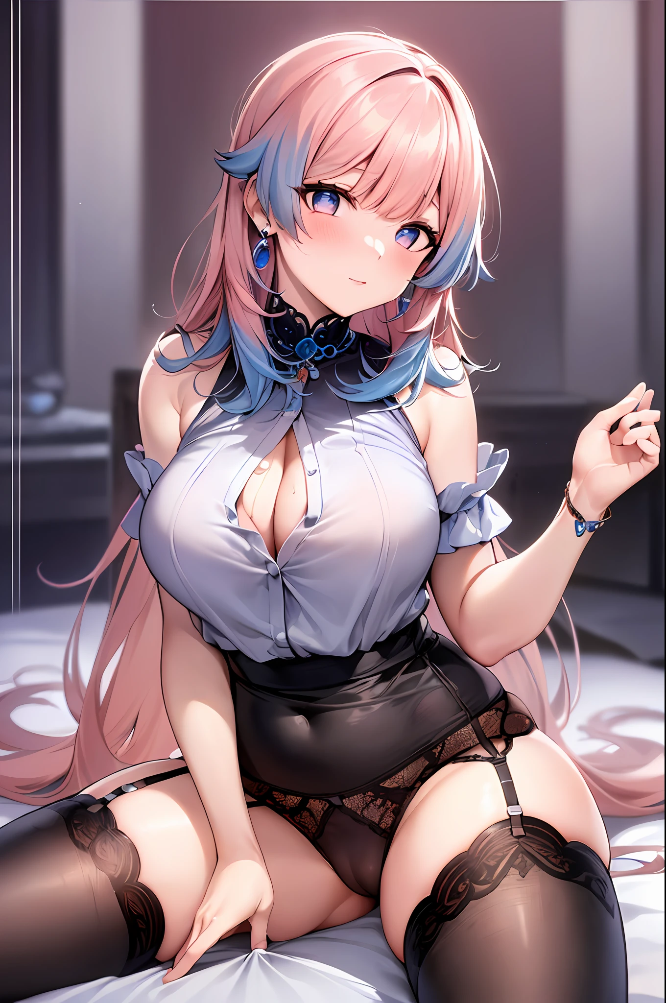 1sangonomiya kokomi, (Masterpiece, Best Quality, High Quality:1.4), professional artwork, Intricate Details, field of view, sharp focus, detailed painting, masterpiece, cinematic lighting, (vivid lighting, vibrant colors, (mature female, milf:1.1), (curvy:1.1), (sitting, on bed, panties down, masturbating, spread legs:1.15), room, (cowboy shot:1.1),
(Pink hair:1.05), long hair, ultra detail hair, ultra detail face, perfect eyes, perfect face, earrings,, blush:1.2),
shirt, (black thighhighs, garter belt:1.1), (white shirt ), big ass, thights,, focus:1.1),