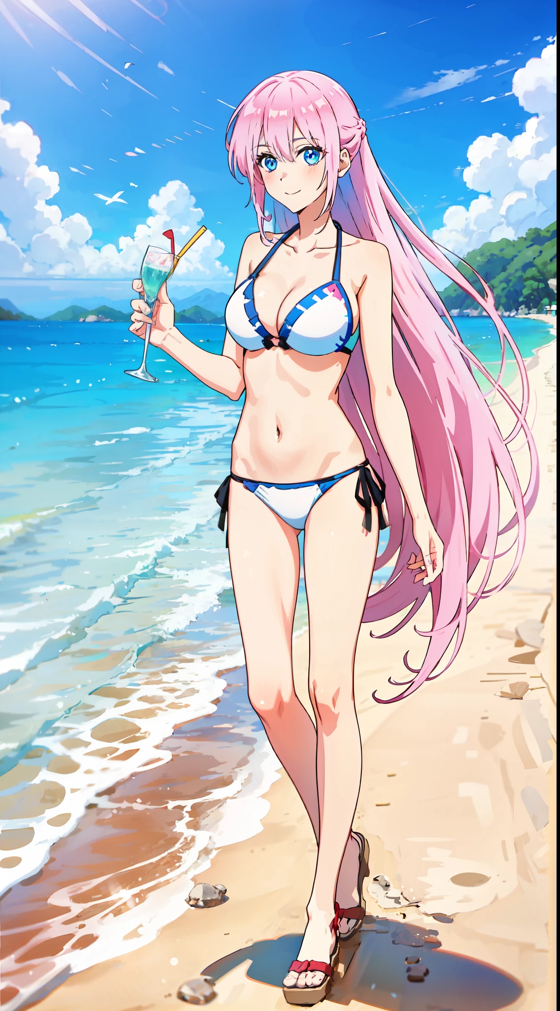 shikimori, slim legs, beautiful eyes, blue eyes, happy, pink hair, long hair, white side tie bikini, beach