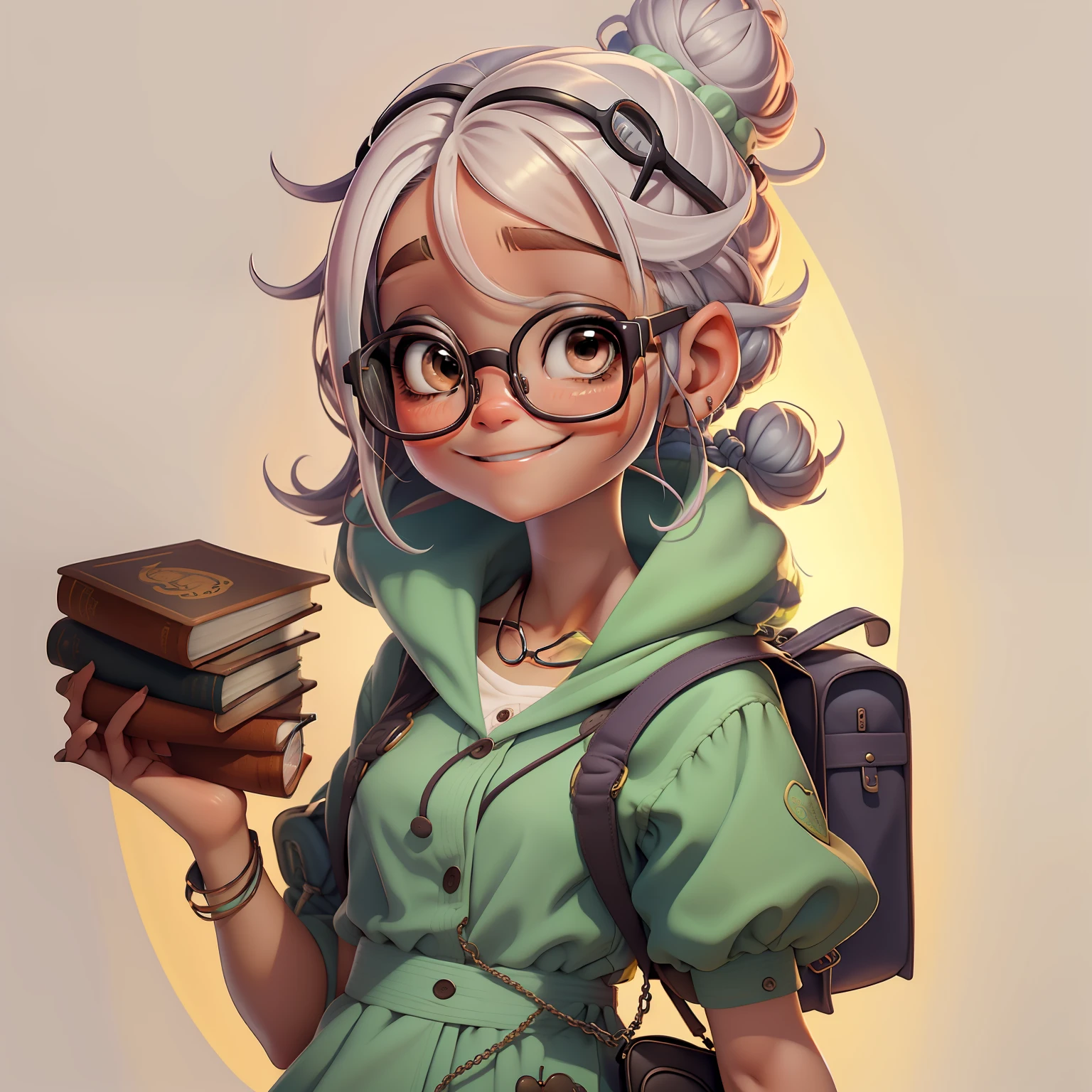 menina orando rezando, Eyeglasses, sorriso, livros e mochila, Slime cabelo curto bun estilo de cabelo, cinza amendoado, roupas vestido leve e detalhado, master part, best quality