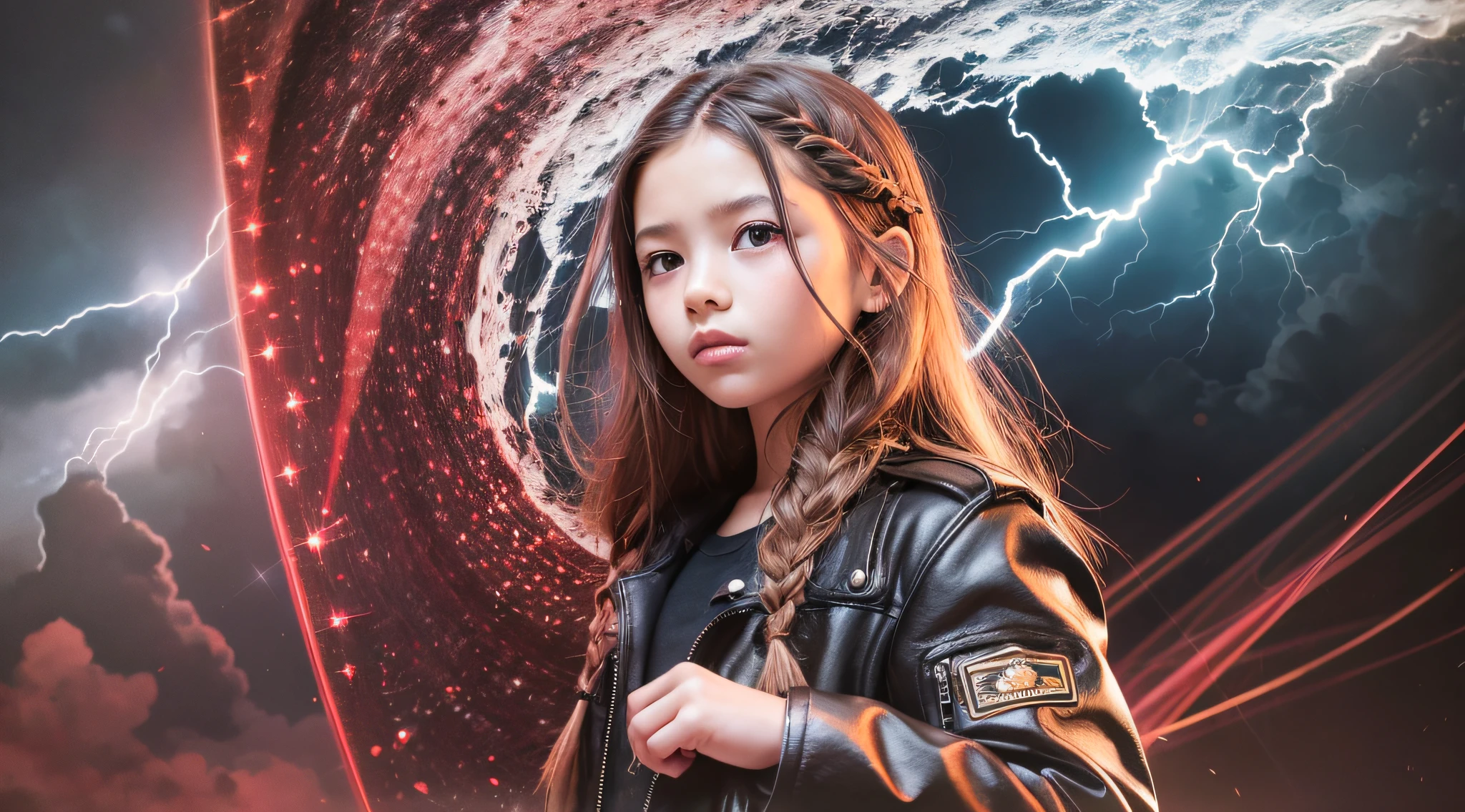 Girl child 10 years old, Russian ruivas in braids, com roupa de jaqueta de couro vermelha, fundo storm, ride into the storm, thunderbolt red.