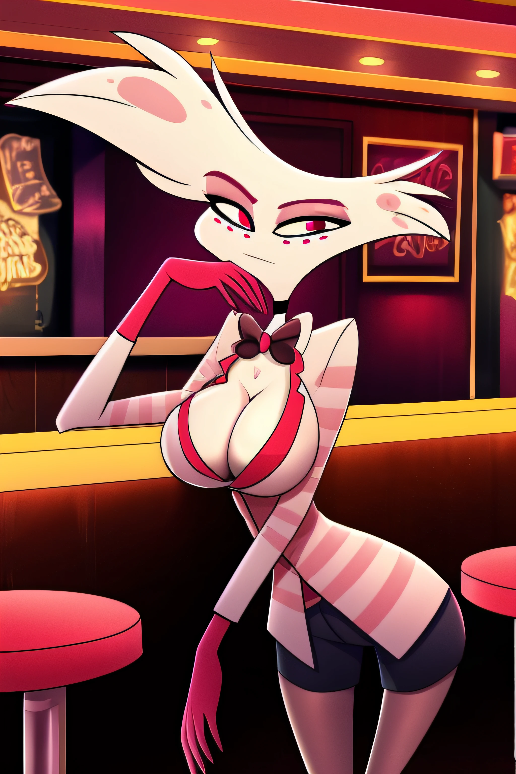 Angel Dust Hazbin Hotel, big breasts, wide hips, wearing suit, wearing black shorts, cleavage, highly detailed, hi res, high resolution, cleavage, at bar, red theme, leaning forward, looking at viewer