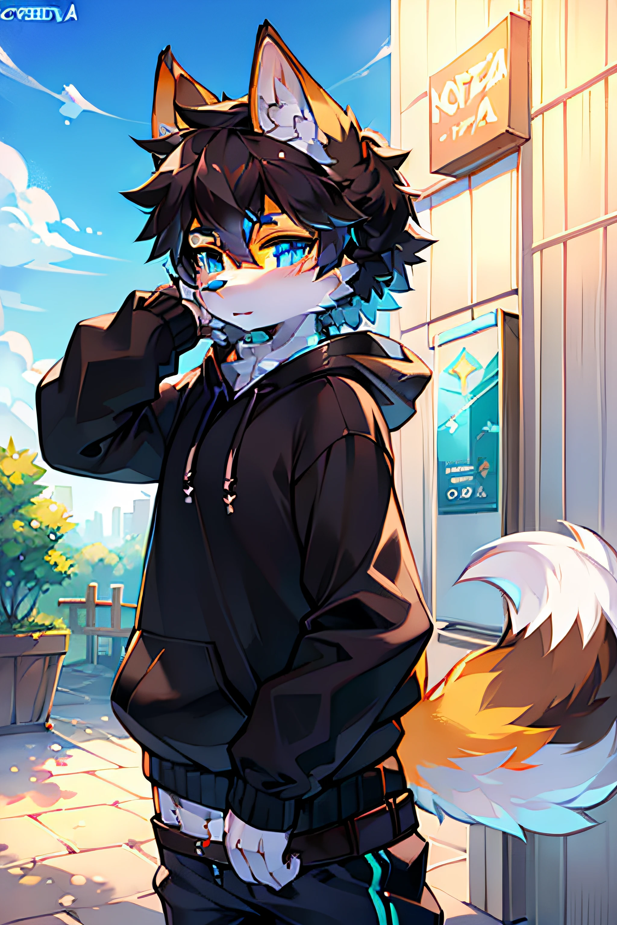 (coffeesoda:1.1), hioshiru, fox, femboy, sky blue eyes, multicolored fur, white fur, dark brown fur, black fur, wearing a hoodie, solo