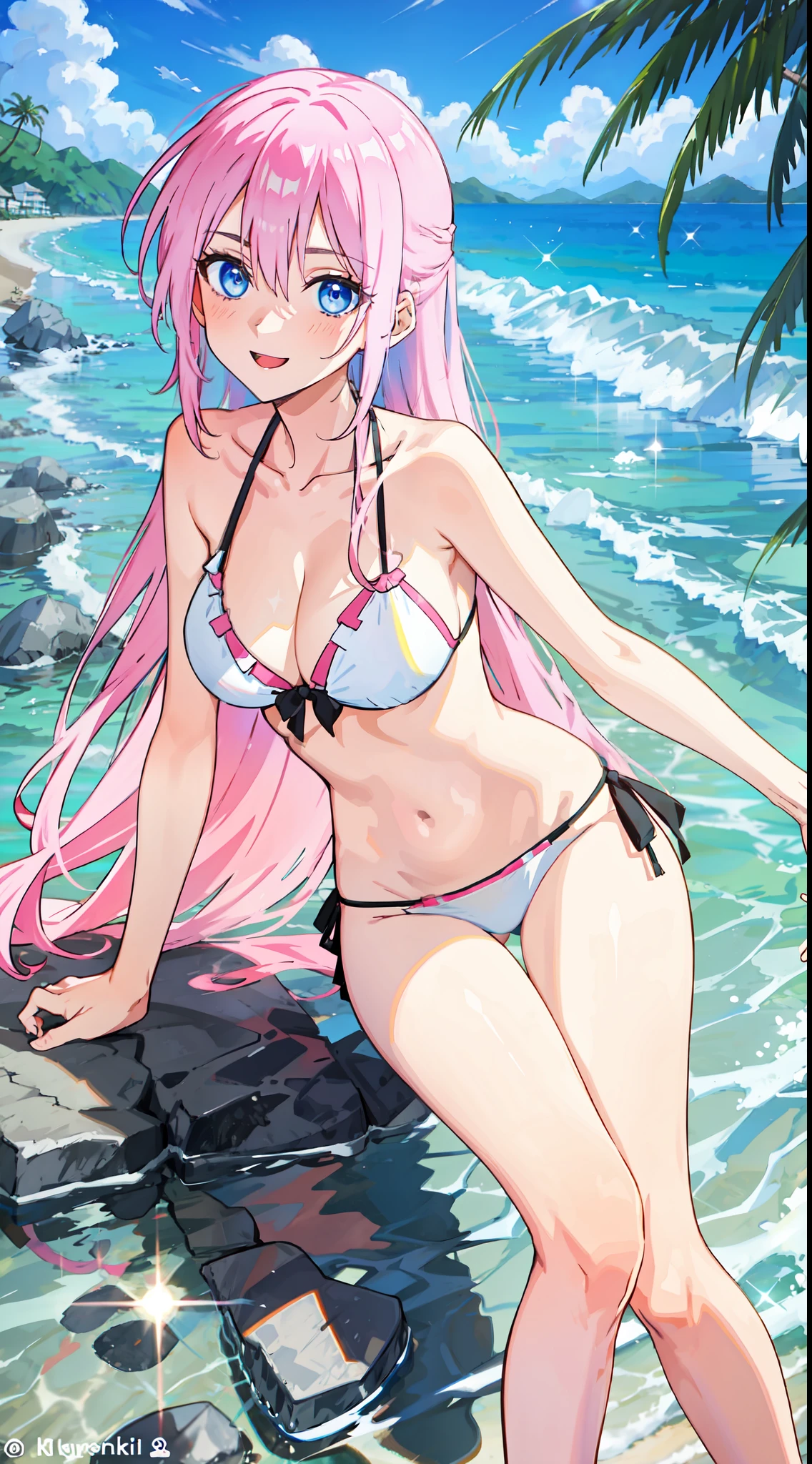 shikimori, slim legs, beautiful eyes, blue eyes, happy, pink hair, long hair, white side tie bikini, beach