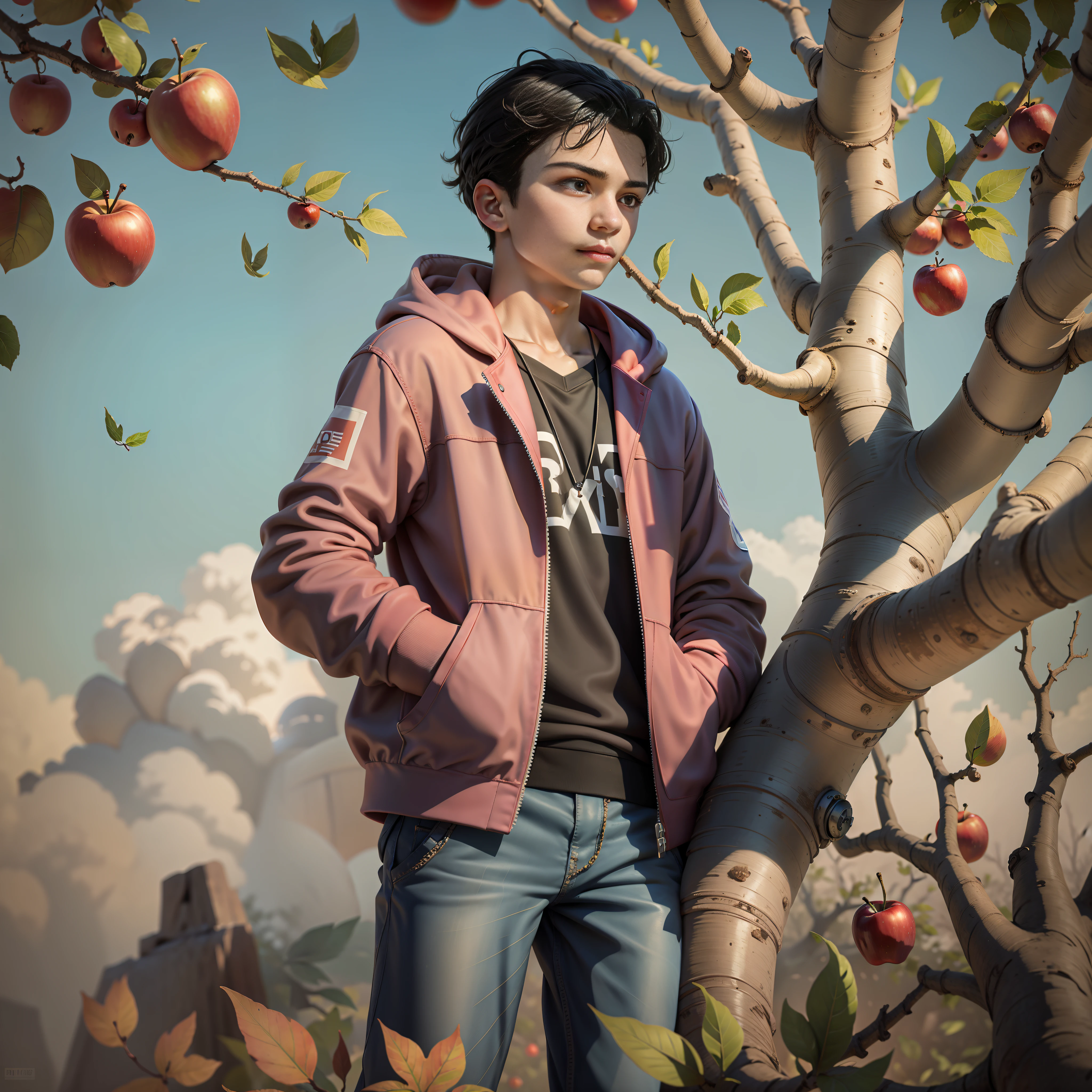 Male teenager standing near an apple tree