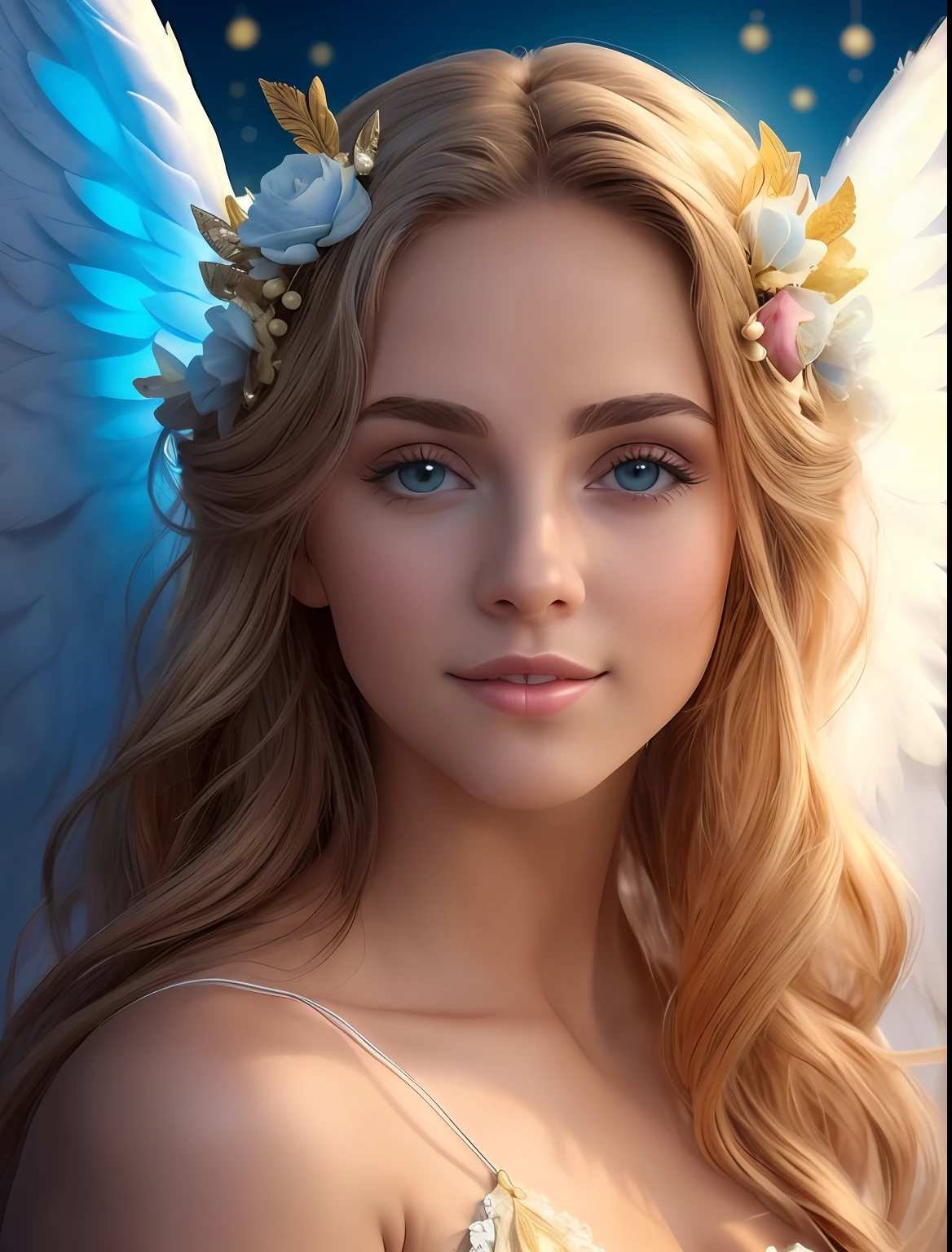 (((ANGEL GUARDIAN))) Obra maestra, (La mejor calidad: 1.2), (super fine: 1.2), illustration, (extremadamente delicado y hermoso: 1.2), movie angle, flotante, (Hermoso ojo de detalle: 1.1), (detalle luz: 1.1), Movie Lights, Cielo delicado, ojos azules, (Cola de caballo alta: 1.1), capa, ojuelos, (luna: 1. 2), (Luz de la luna: 1.1), cielo estrellado, (light particles: 1.1) dibujo, flor. (Obra maestra), (La mejor calidad), (fotorrealista:1.3), 8k, Textura detallada de la piel, Textura detallada de la tela, Hermosa cara detallada, Detalles intrincados, Ultra detallado (cuerpo de cuerpo entero:1.2)