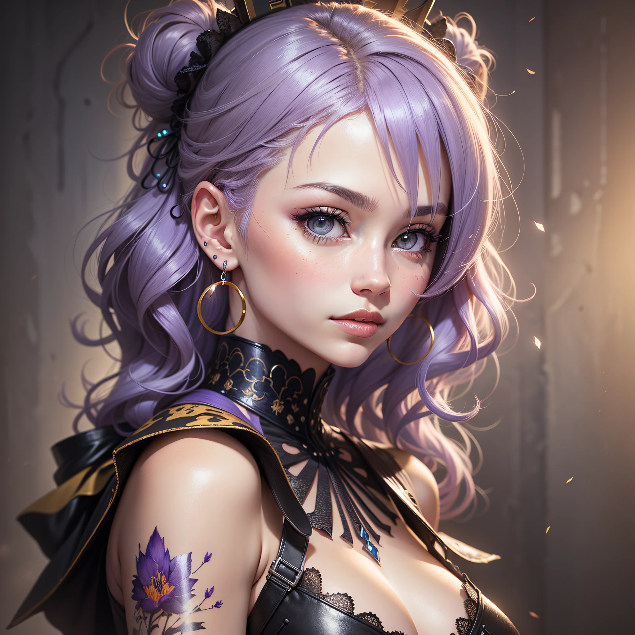 Shoulder length messy wavy pale lavender hair, contentment, full shot full body portrait, beautiful woman (semi-realistic anime) with irises that have a multitude of browns ambers and honey colors flecked wishing them, jolokia, looks like @jojociita, hyper detail drawing, stretched ears with 2gauge tunnel earrings and a cartilage ring on her left ear, semi-edgy look like “gothic-lite”, luminism, artistic concept art by Carne Griffiths and Wadim Kashin, 4k resolution, fractal isometric detail