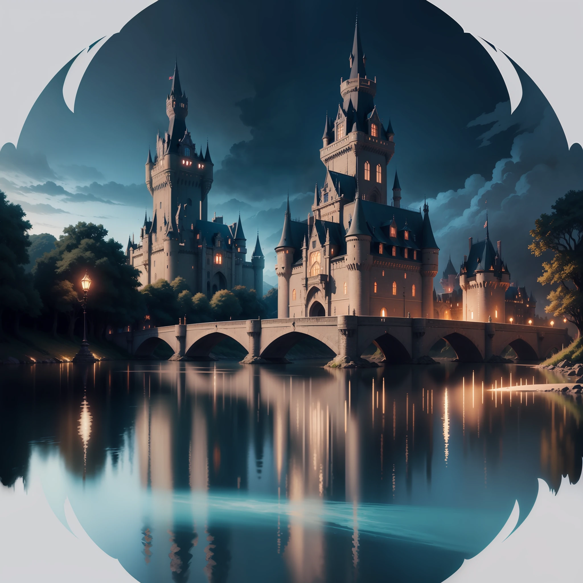 anime castle by the river at night with a bridge and a castle, fantasy castle, magical castle, high fantasy castle, detailed fantasy digital art, 4k highly detailed digital art, scarry castle)). mystical, beautiful castle, fantasy art style, fantasy highly detailed, andreas rocha style, 8k high quality detailed art, fantasy style art, beautiful detailed fantasy