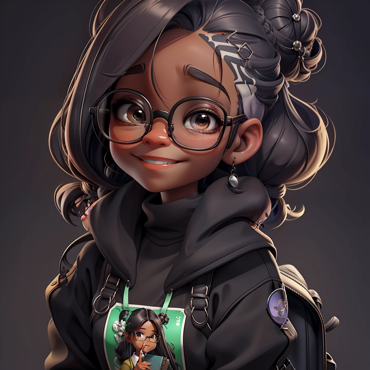 menina orando rezando, Eyeglasses, sorriso, livros e mochila, Slime cabelo curto bun estilo de cabelo, preto amendoado, roupas vestido leve e detalhado, master part, best quality