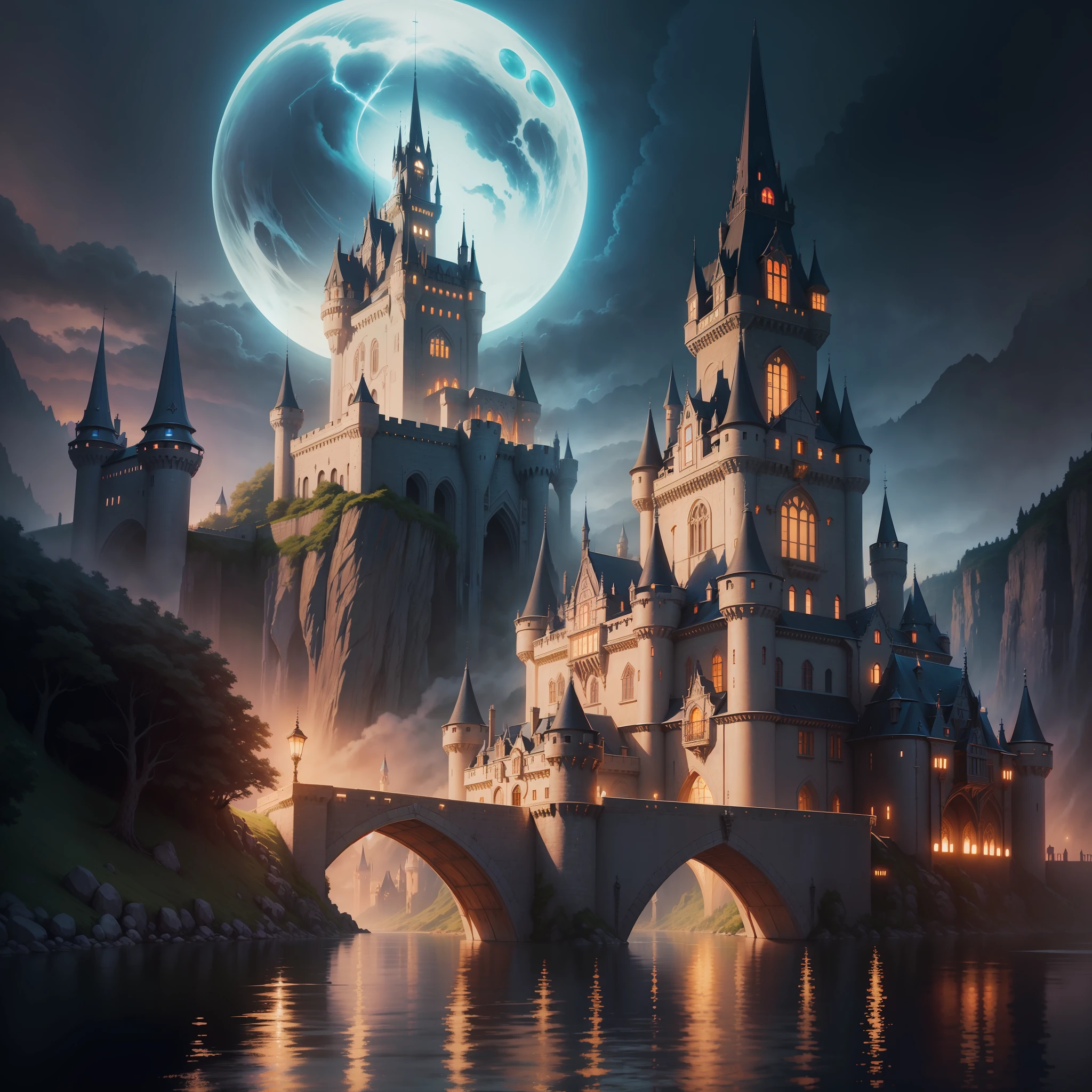 anime castle by the river at night with a bridge and a castle, a matte painting inspired by the Brothers Hildebrandt, trending on Artstation, fantasy art, fantasy castle, magical castle, high fantasy castle, detailed fantasy digital art, 4k highly detailed digital art, scarry castle)). mystical, beautiful castle, fantasy art style, fantasy highly detailed