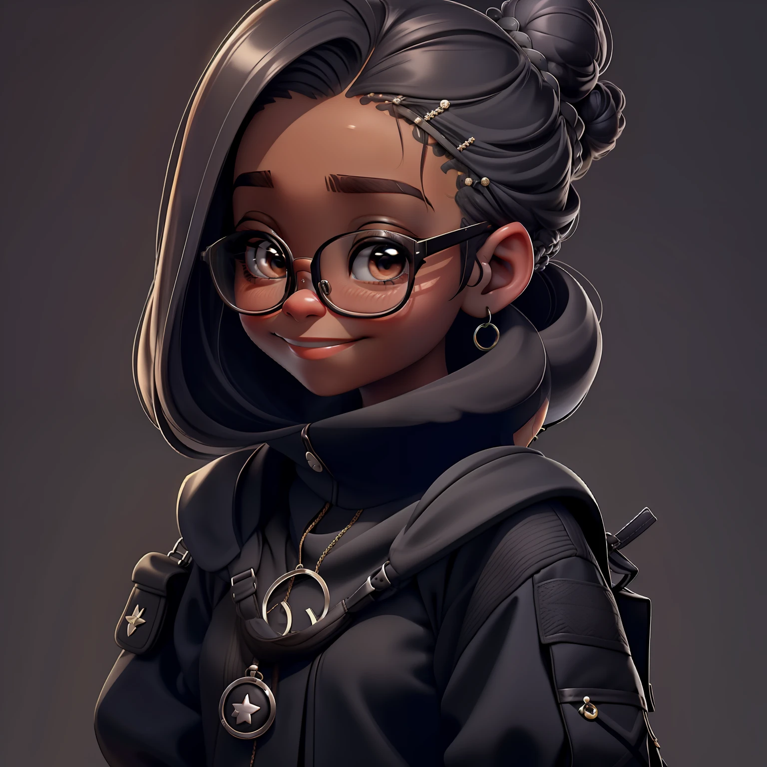 orando rezando, Eyeglasses, sorriso, livros e mochila, Slime cabelo curto bun estilo de cabelo, preto amendoado, roupas vestido leve e detalhado, master part, best quality