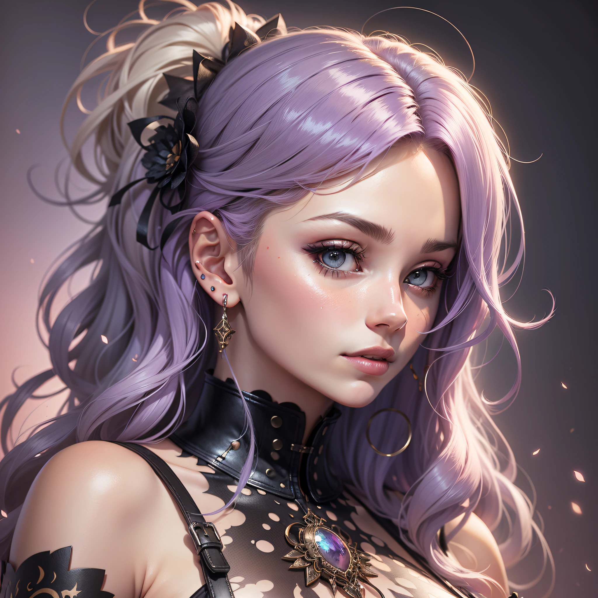 Shoulder length messy wavy pale lavender hair, contentment, full shot full body portrait, beautiful woman (semi-realistic anime) with irises that have a multitude of browns ambers and honey colors flecked wishing them, jolokia, looks like @jojociita, hyper detail drawing, stretched ears with 2gauge tunnel earrings and a cartilage ring on her left ear, semi-edgy look like “gothic-lite”, luminism, artistic concept art by Carne Griffiths and Wadim Kashin, 4k resolution, fractal isometric detail