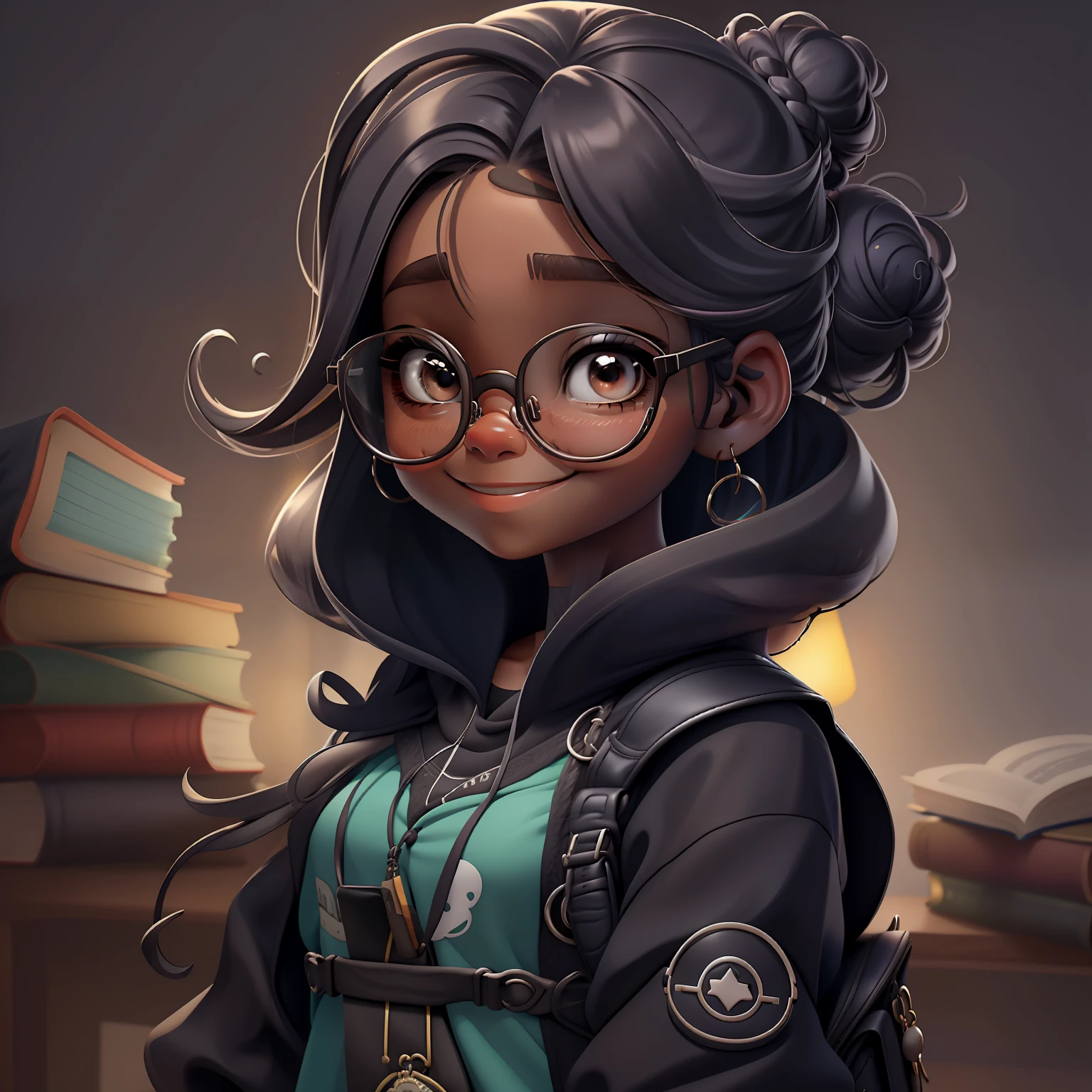orando rezando, Eyeglasses, sorriso, livros e mochila, Slime cabelo curto bun estilo de cabelo, preto amendoado, roupas vestido leve e detalhado, master part, best quality