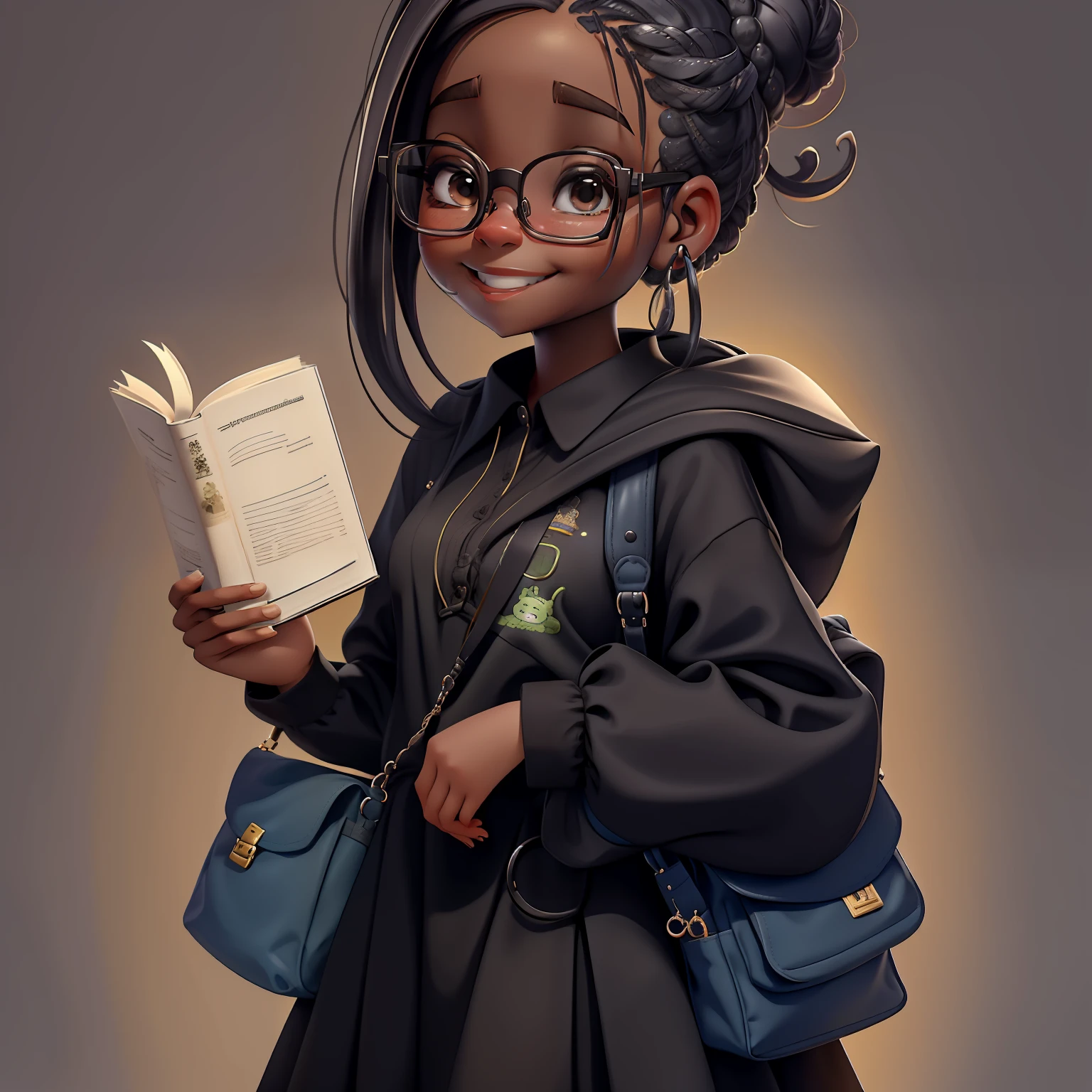 orando rezando, Eyeglasses, sorriso, livros e mochila, Slime cabelo curto bun estilo de cabelo, preto amendoado, roupas vestido leve e detalhado, master part, best quality