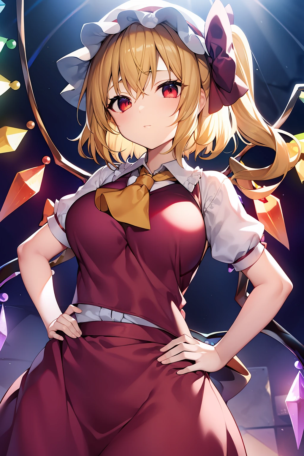 (masterpiece),best quality, expressive eyes, perfect face, 1girl,
big breast, H-cup, good breast, beautiful, gorgeous,anime,girl,lora, floating clothes, tent chest ,
hands on waist, hands on hips, visible though clothes,flandre scarlet,
1girl,blonde hair,mob cap,hair bow,bowtie,side ponytail,wings,short sleeves,vest,ascot,1wings,1 pair of wings