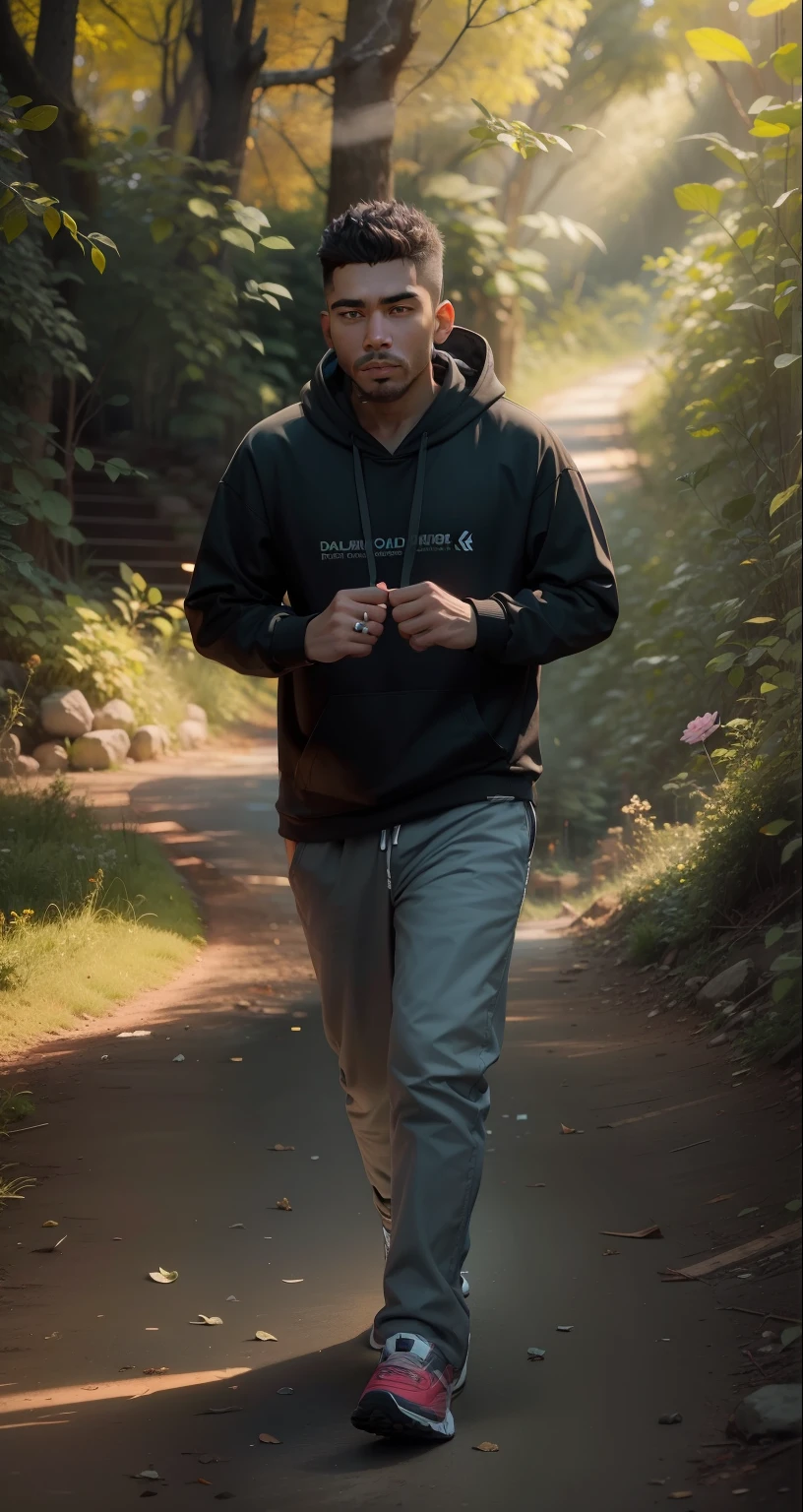 8k,Hoodie, dark background,shoes,nature, walking,