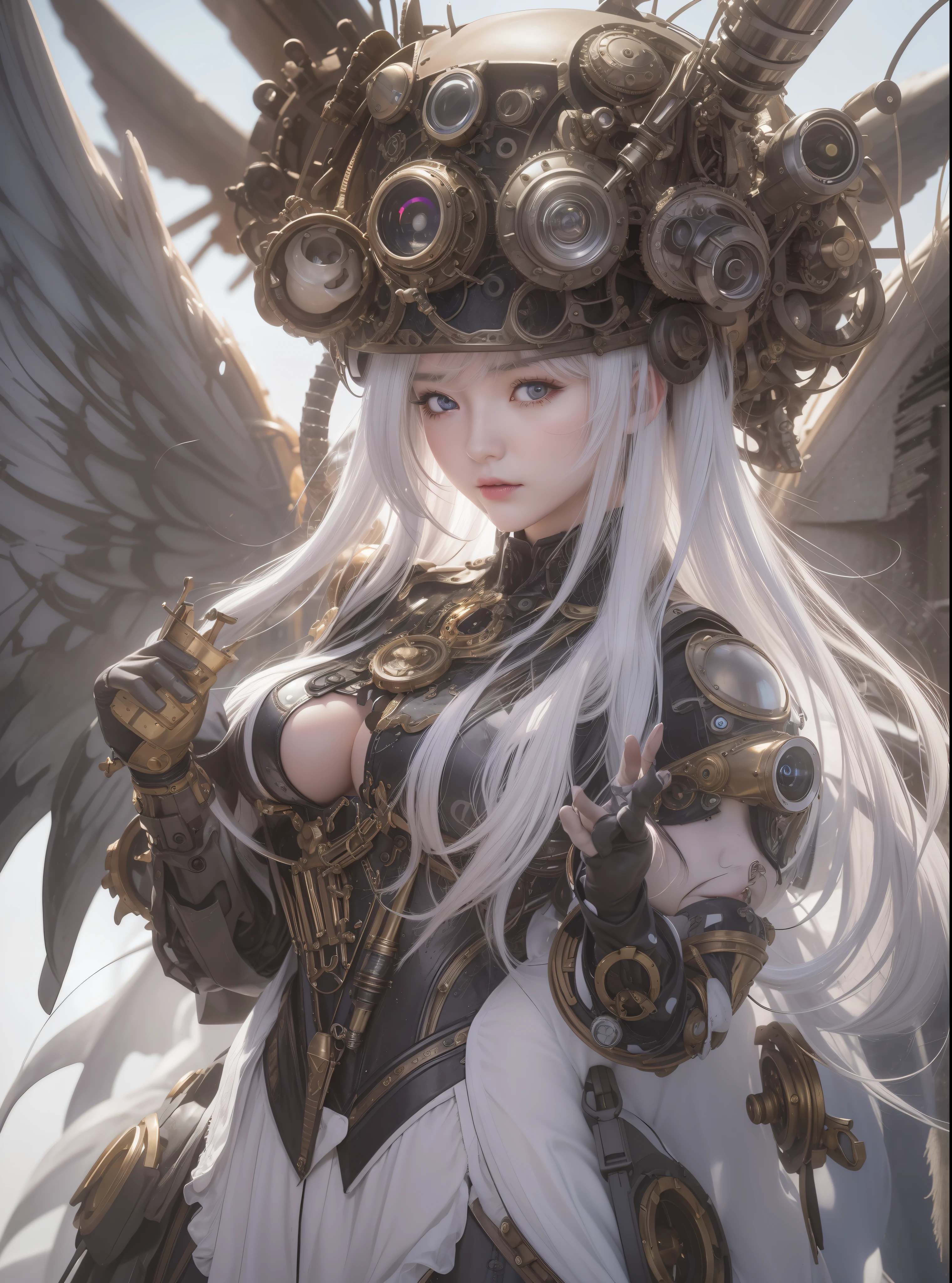 top-quality、masterpiece、超A high resolution、(Photorealsitic:1.4)、Raw photo、Steampunk Battle Cyborg Angel、large wings made of metal、White porcelain body、Acrylic Clear Cover、white hair、glowy skin、1 steampunk cyborg girl、((super realistic details))、portlate、globalillumination、Shadow、octan render、8K、ultrasharp、character edge light, Colossal tits、Raw skin is exposed in cleavage、Details of complex ornaments、Details of the steam engine、Hydraulic cylinder、Small LED lamp、highly intricate detail、Realistic light、a purple eye、radiant eyes、Facing the camera、neon details、cowboy shot、Futuristic headgear、About steampunk、、